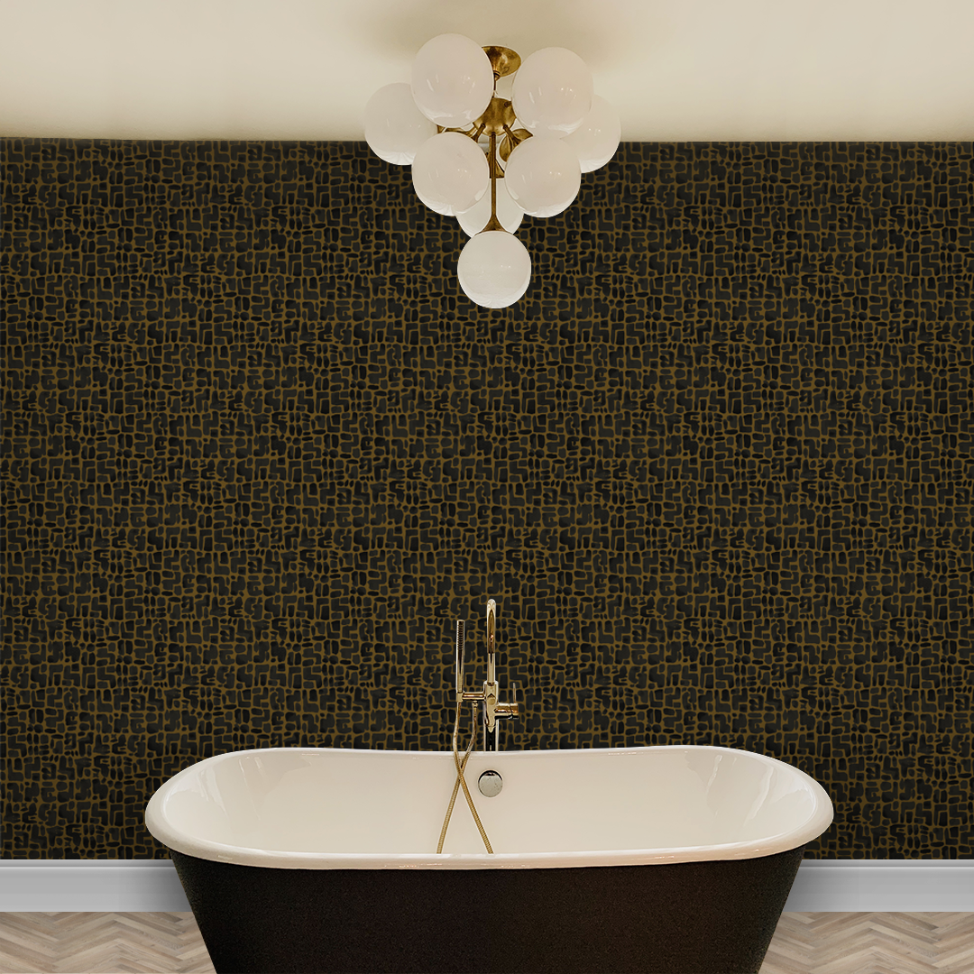 Deco Black and Cigar artist-designed wallpaper wrapping a bathroom wall behind a freestanding tub, drawn from an original painting by Nashville artist Angela Simeone, from a post on where wallpaper patterns come from.