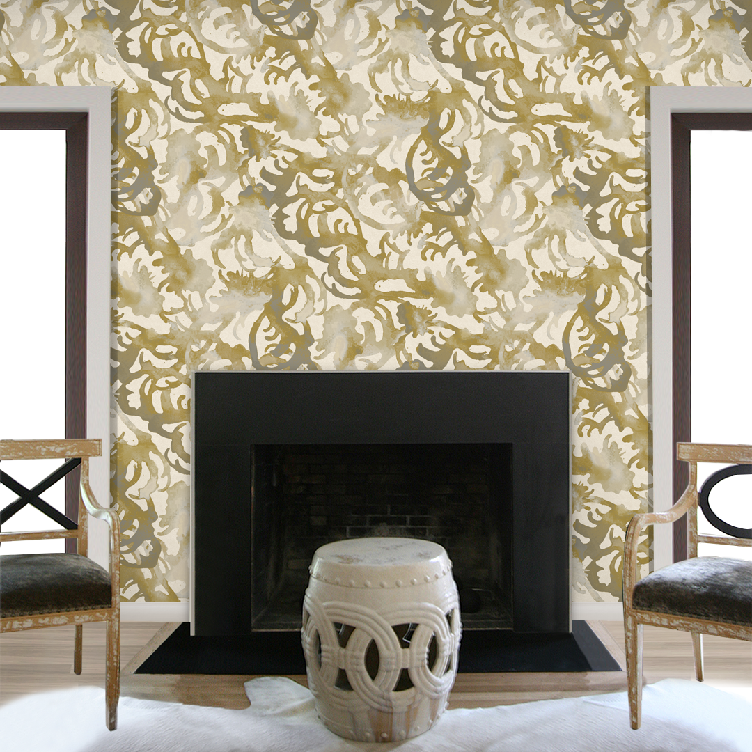 Flourish Marigold and Grey luxury wallpaper by Angela Simeone installed above a living room fireplace