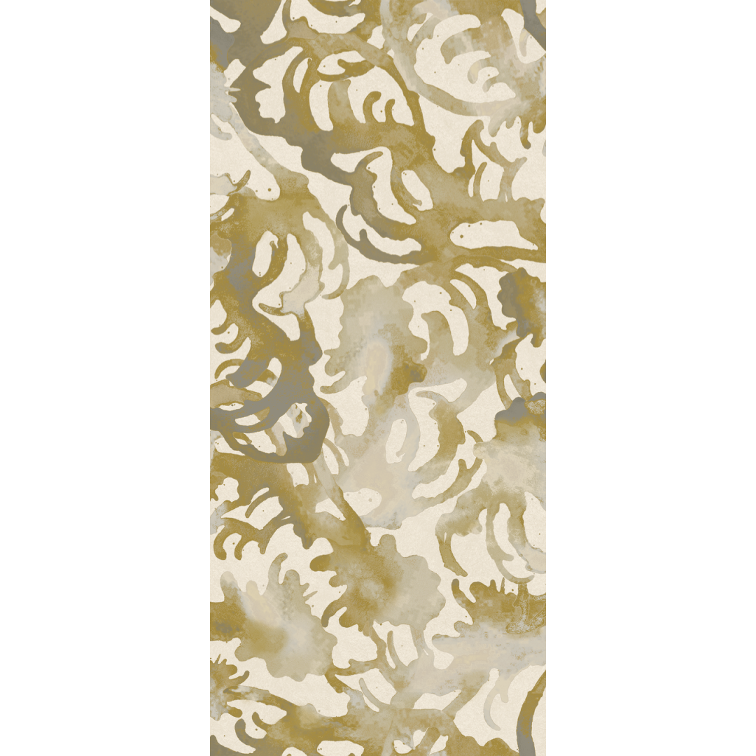 Flourish Marigold and Grey Large Scale Wallpaper single tile, an artist-designed wallcovering by Angela Simeone built from her own original painting