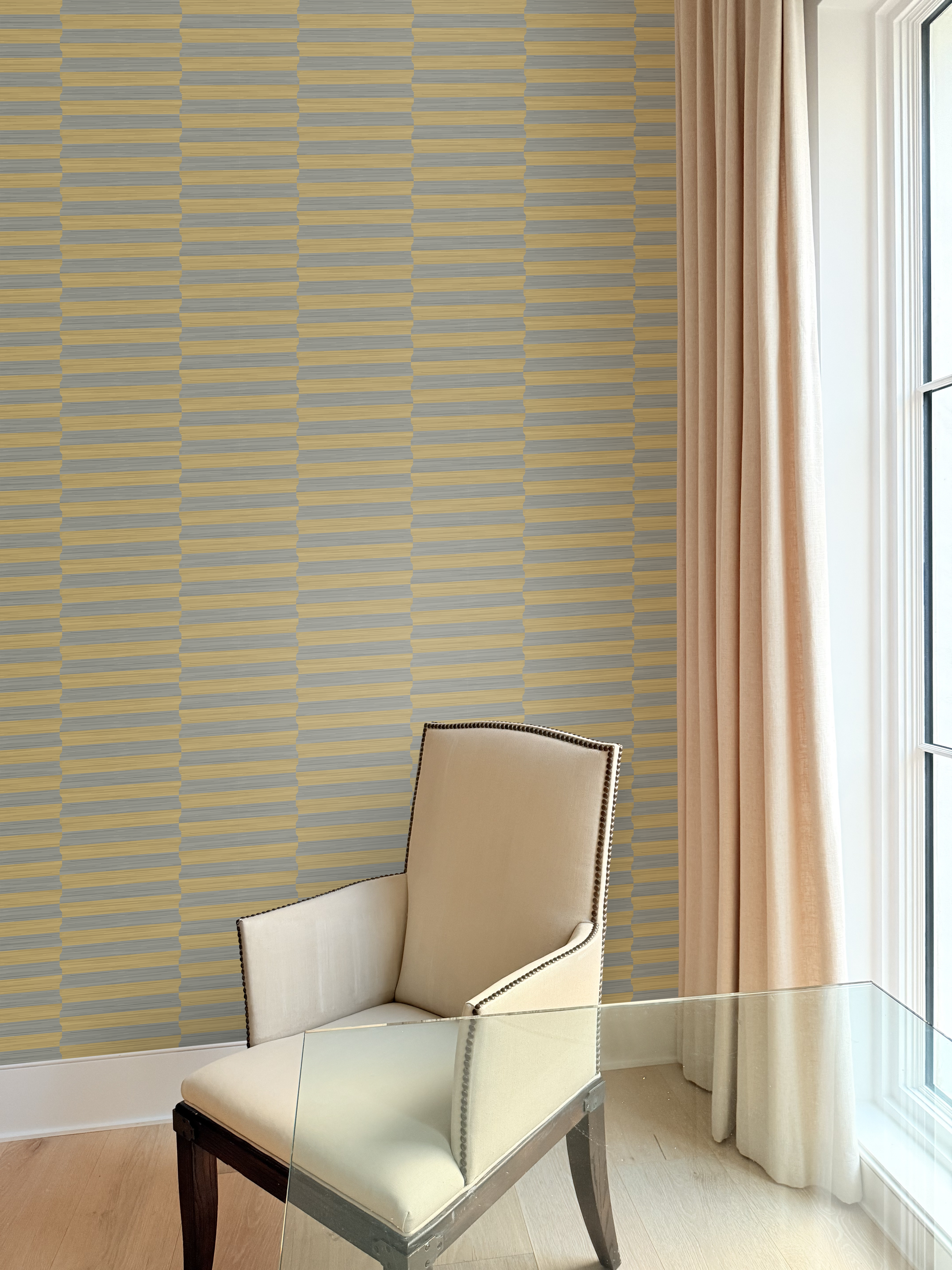 Chic Stripe wallpaper by Nashville artist Angela Simeone installed on a wall, a hand-painted pattern reflecting the 2026 wallpaper trend toward personal, story-carrying pattern