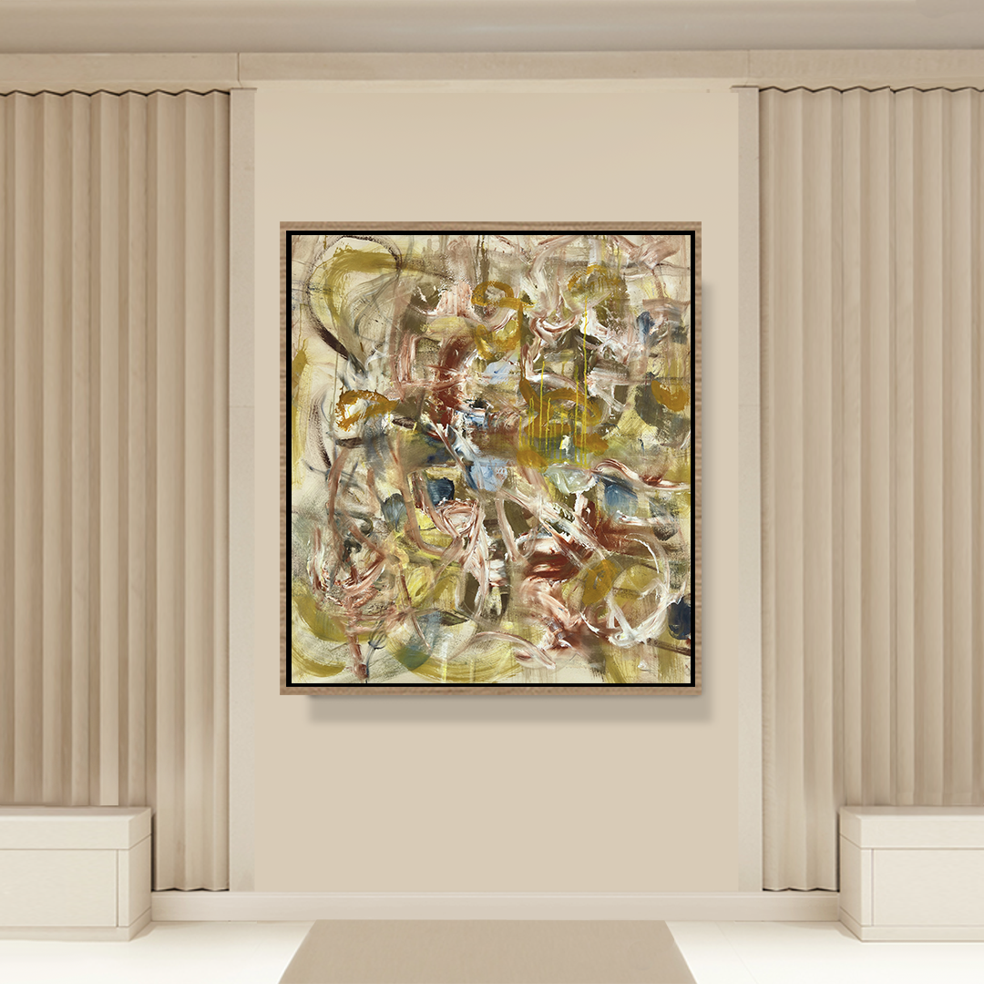 Yellow, green, rust, and peach original abstract painting by Nashville artist Angela Simeone