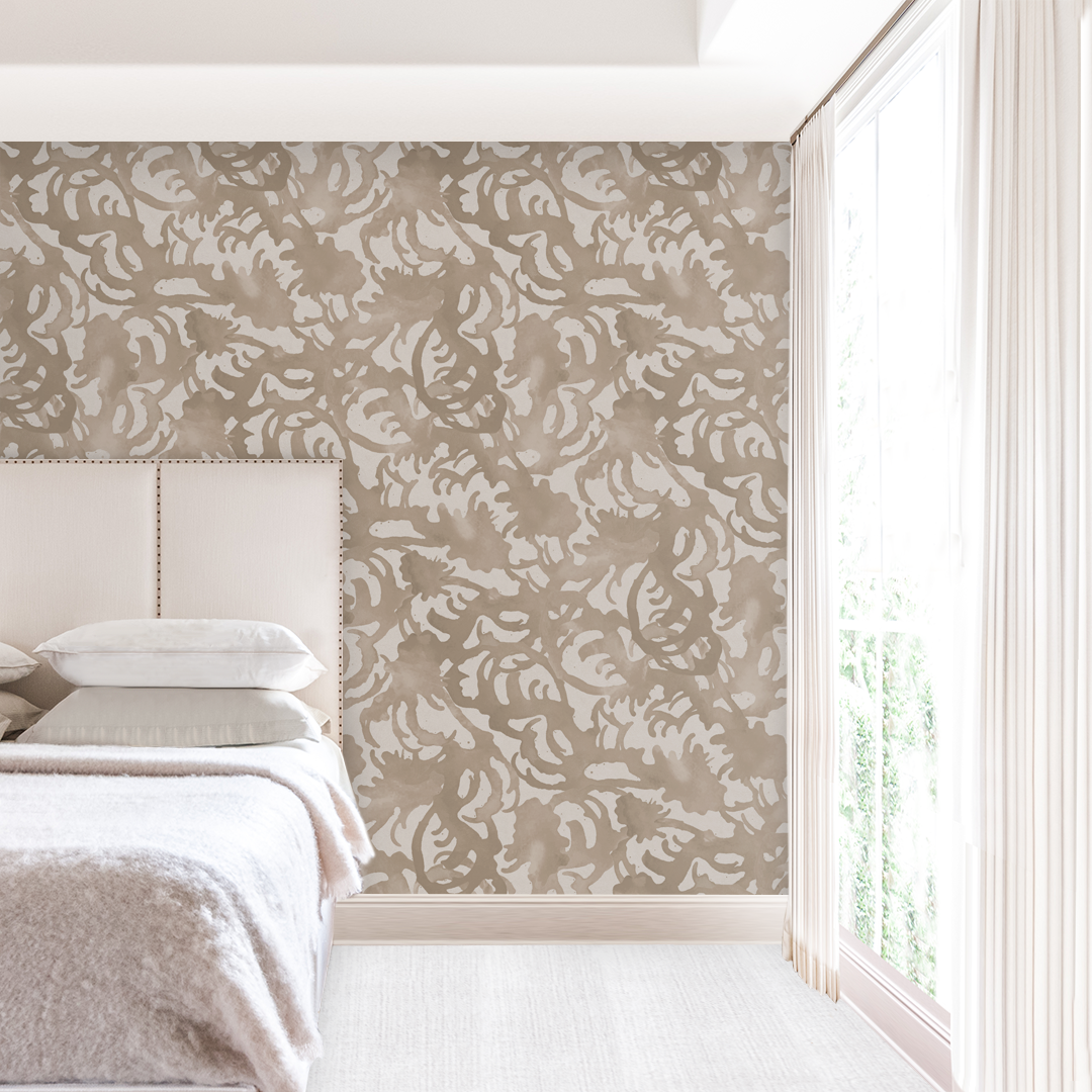 Primary bedroom with linen headboard wrapped in large-scale Flourish luxury wallpaper by Angela Simeone — wallpaper as art composing the whole wall