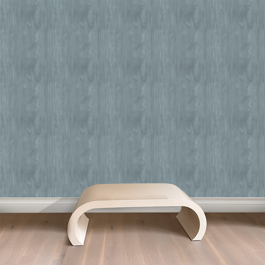 Splendor Grey Blue wallpaper by Angela Simeone installed behind a white Ming lacquer bench on a white oak floor