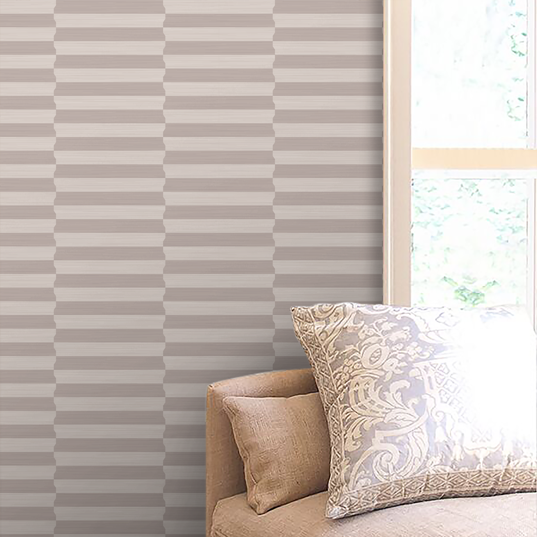 Chic Stripe Winter White wallcovering installed in a room, a pattern drawn from an original painting by Nashville artist Angela Simeone.
