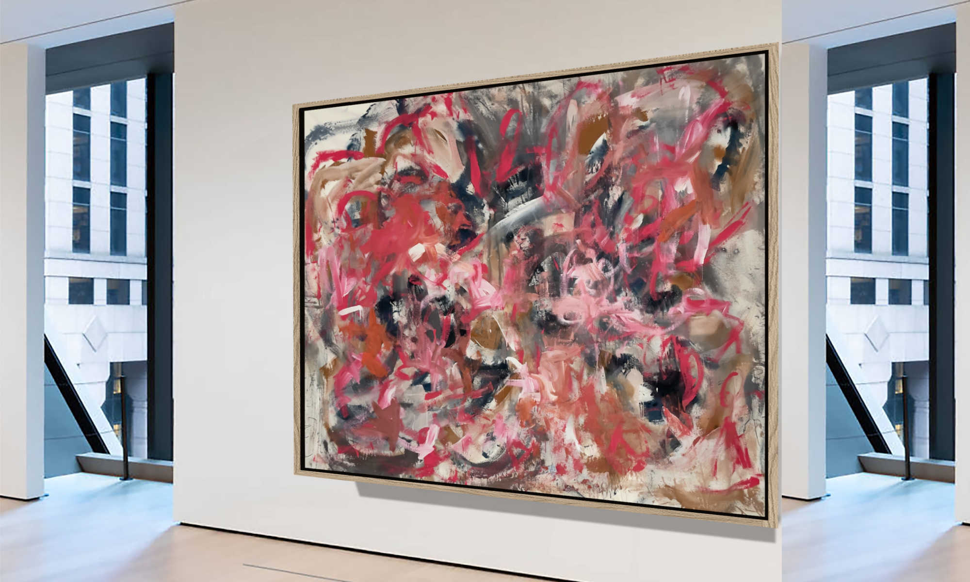 A large Angela Simeone abstract painting, the kind of unplanned surface that answers itself layer by layer rather than transcribing a dream