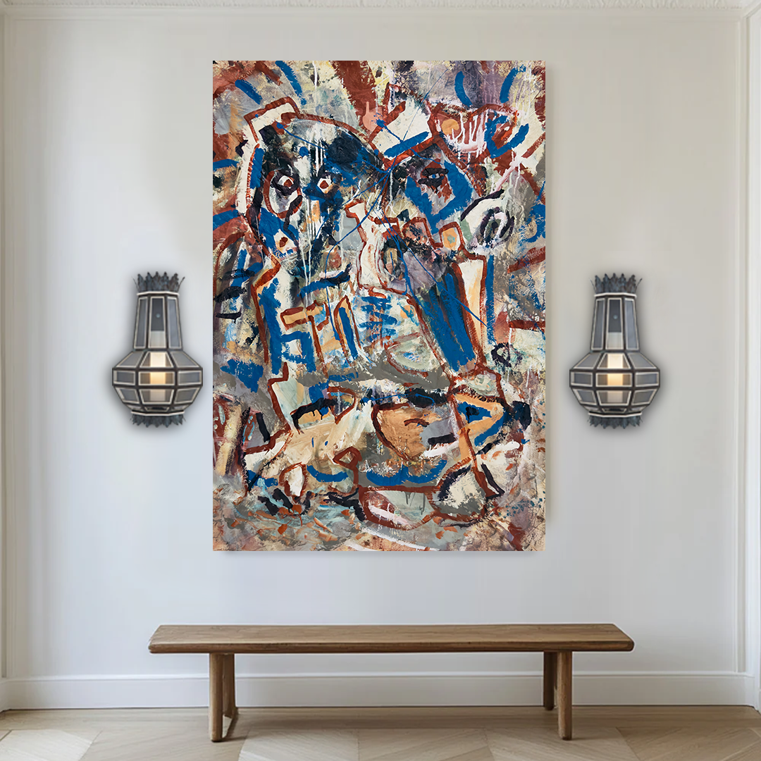 Cobalt Rust Grey Green original abstract painting by Angela Simeone installed above a wood bench with herringbone floor