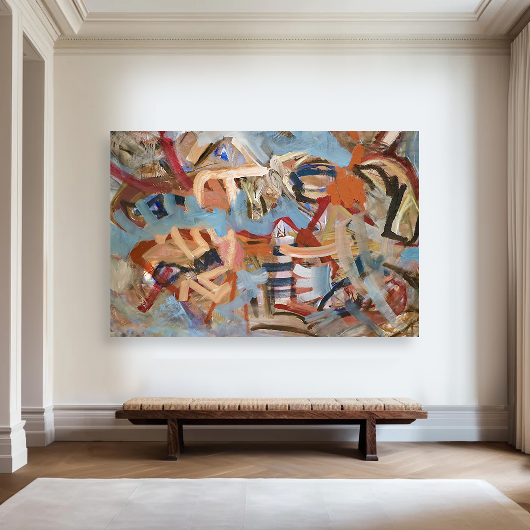 A large original abstract painting in smoke blue, orange and rust hung on a tall millworked wall above a woven wood bench in a high-ceilinged room, by Nashville artist Angela Simeone, from a post on what happens when a painting is bigger than the doorway.