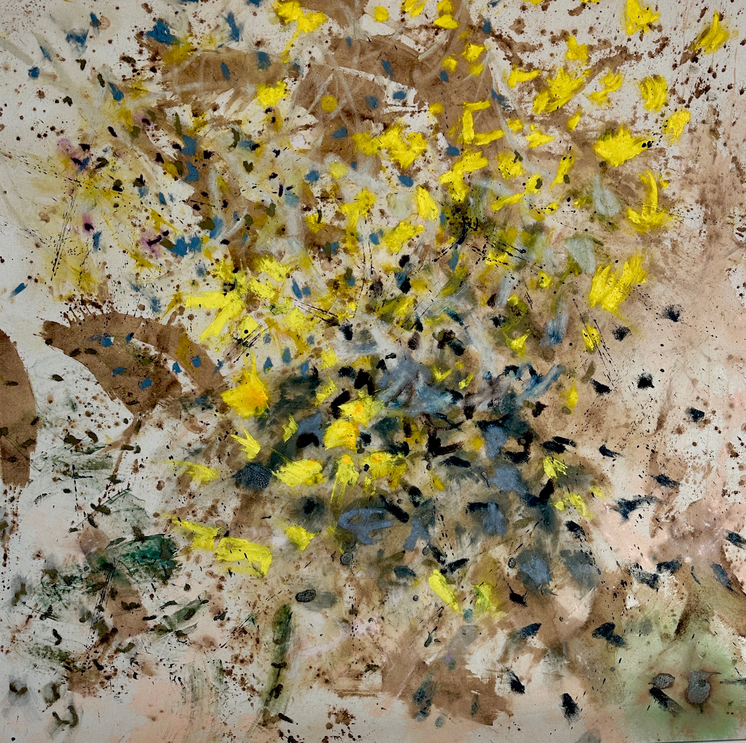 Marigold Blue Grey Coffee Brown Natural Canvas Abstract Oil Painting