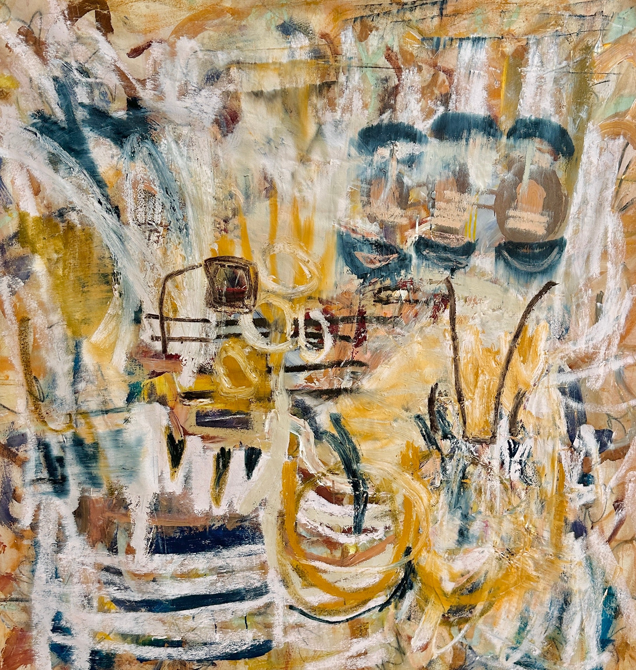 Deep Yellow Navy Warm White Oil Abstract Canvas Painting
