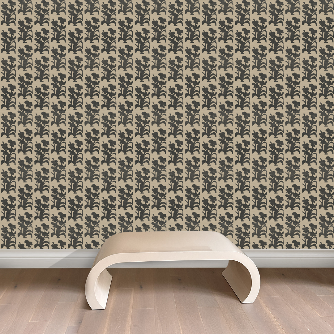 Suzani Floral Black and Khaki Wallpaper