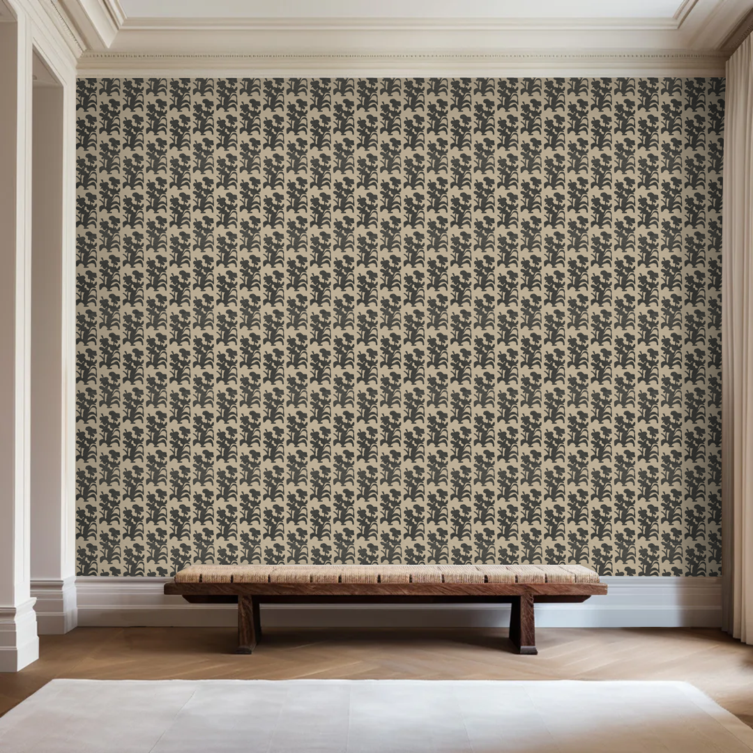 Suzani Floral Black and Khaki Wallpaper