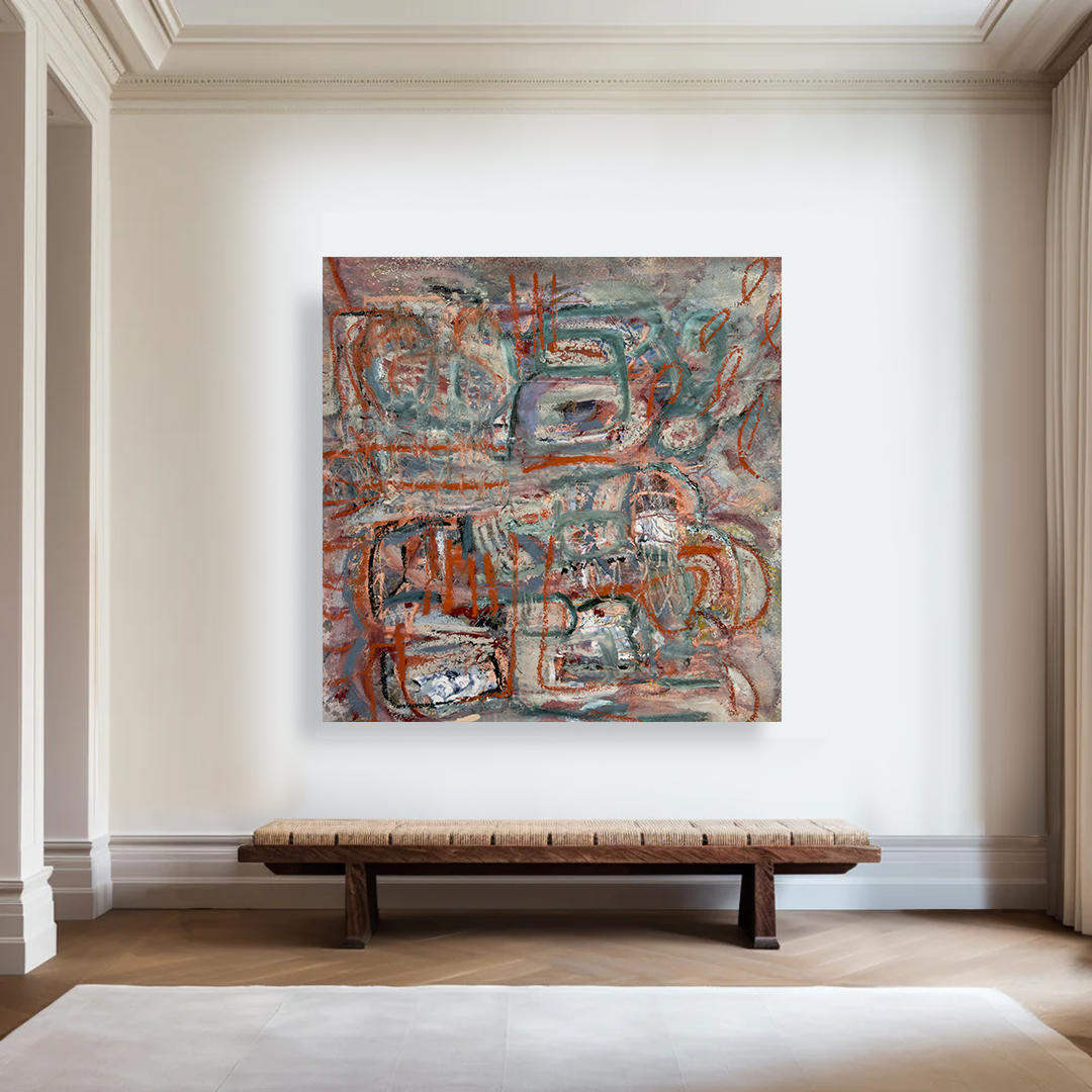 Red Rock Grey Blue and Green Abstract Oil Painting