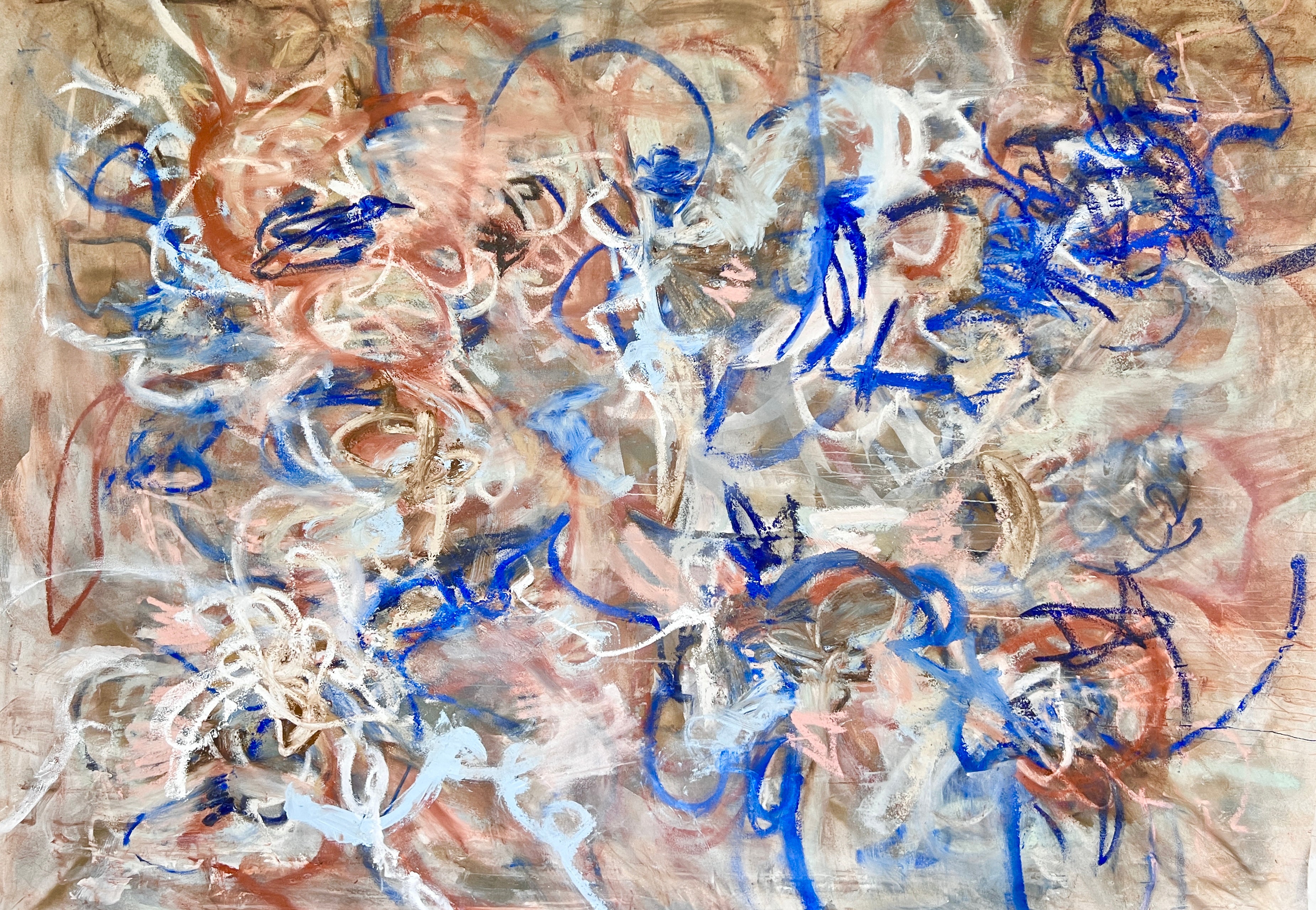 Floral Abstract Cobalt Light Blue Rust Peach White Canvas Painting.
