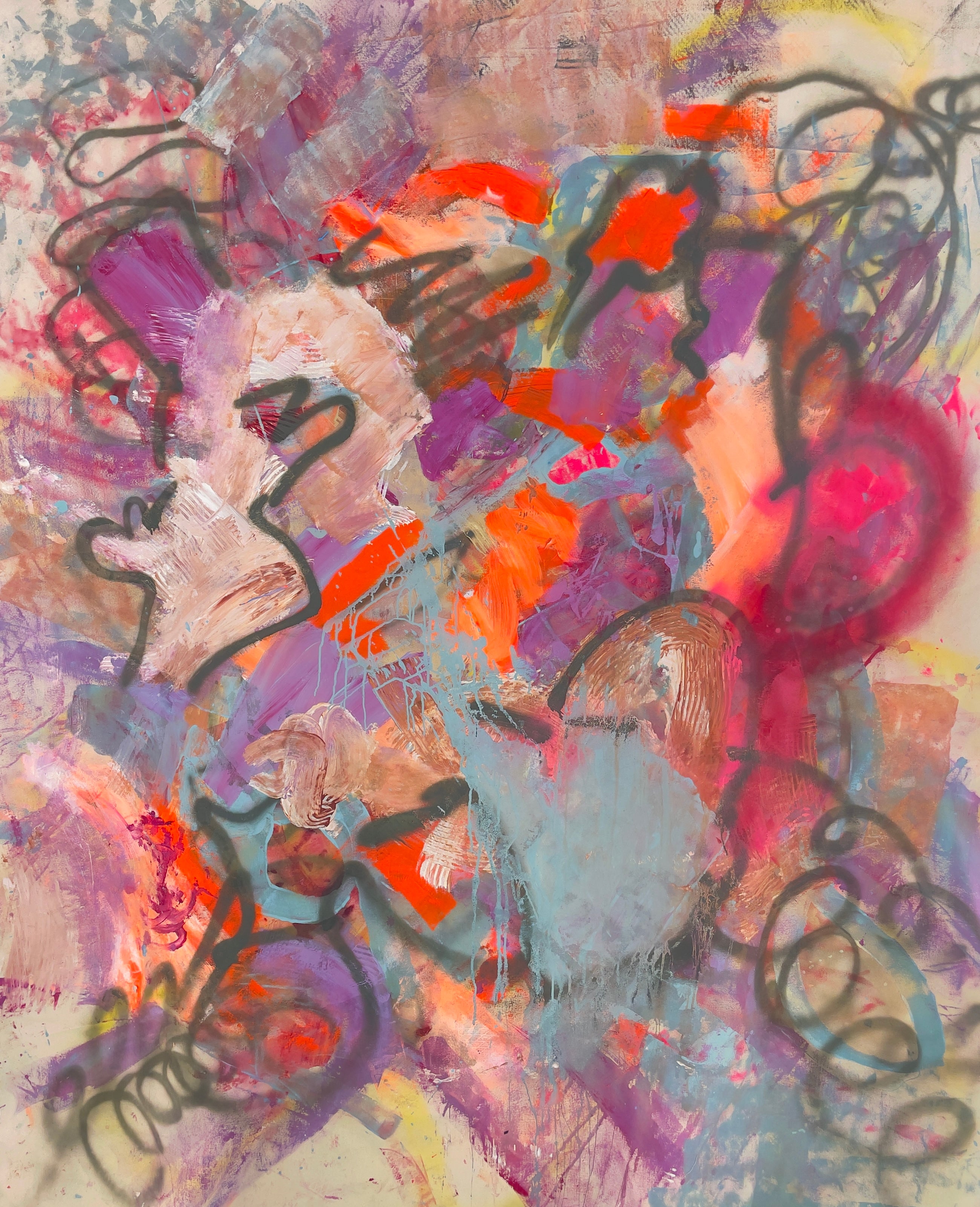 Fuschia Brown Orange Blue Canvas Painting by Nashville artist Angela Simeone — original abstract art.