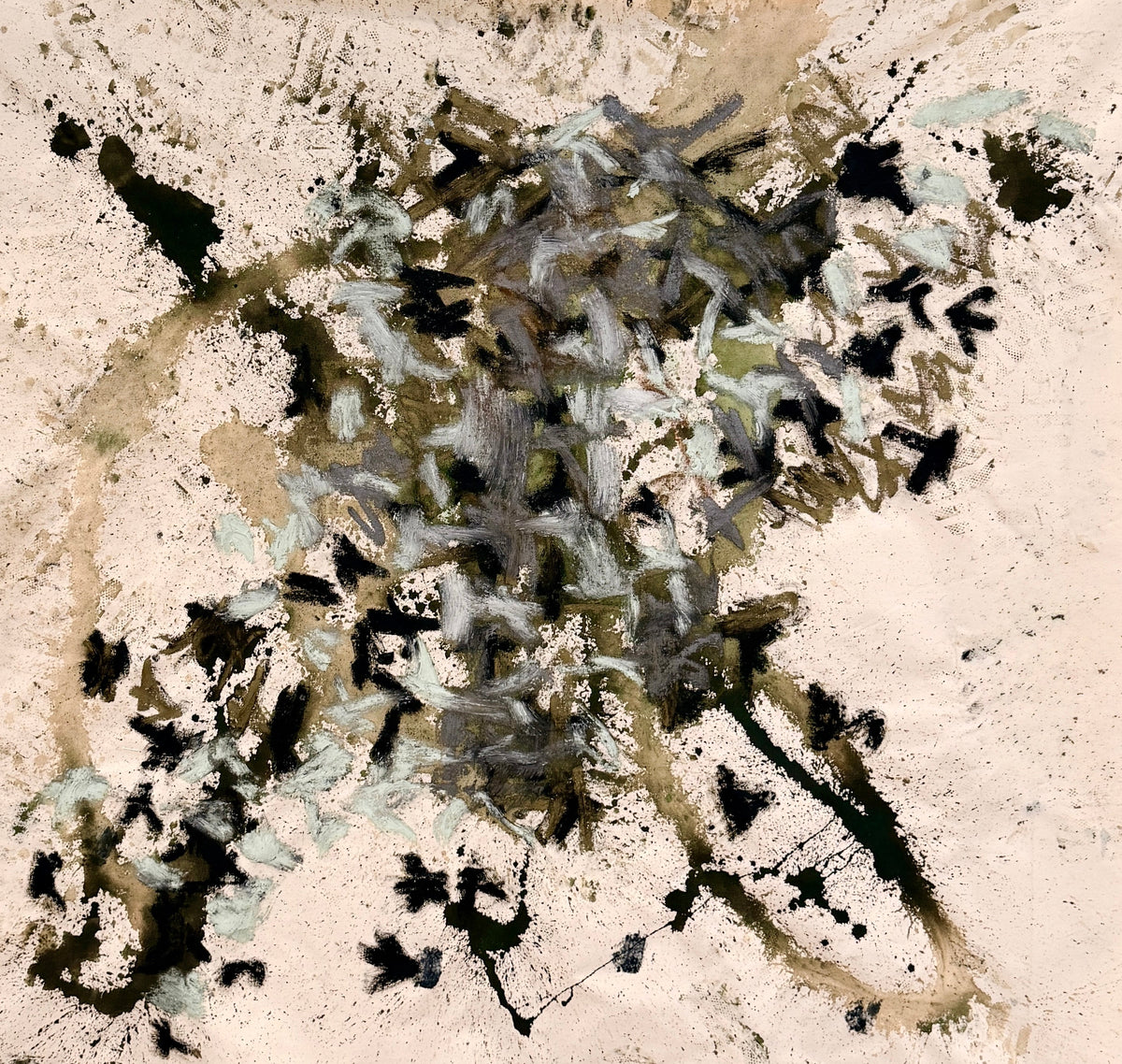 An original abstract oil painting by Nashville artist Angela Simeone hanging in a lived-in room, from a post on what a painting does in the years after you hang it.