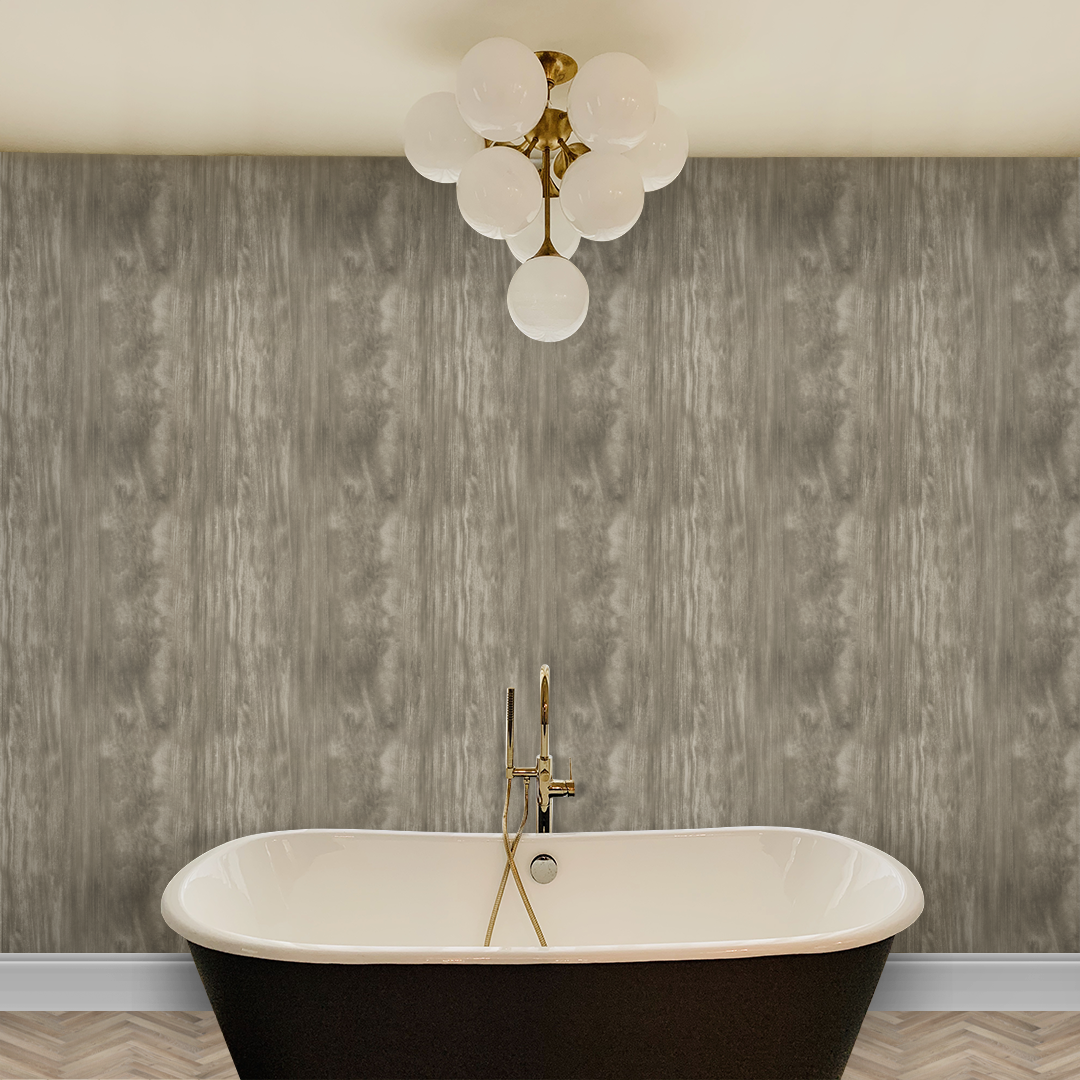 Splendor Mushroom Wallpaper by Angela Simeone installed behind a freestanding bathtub
