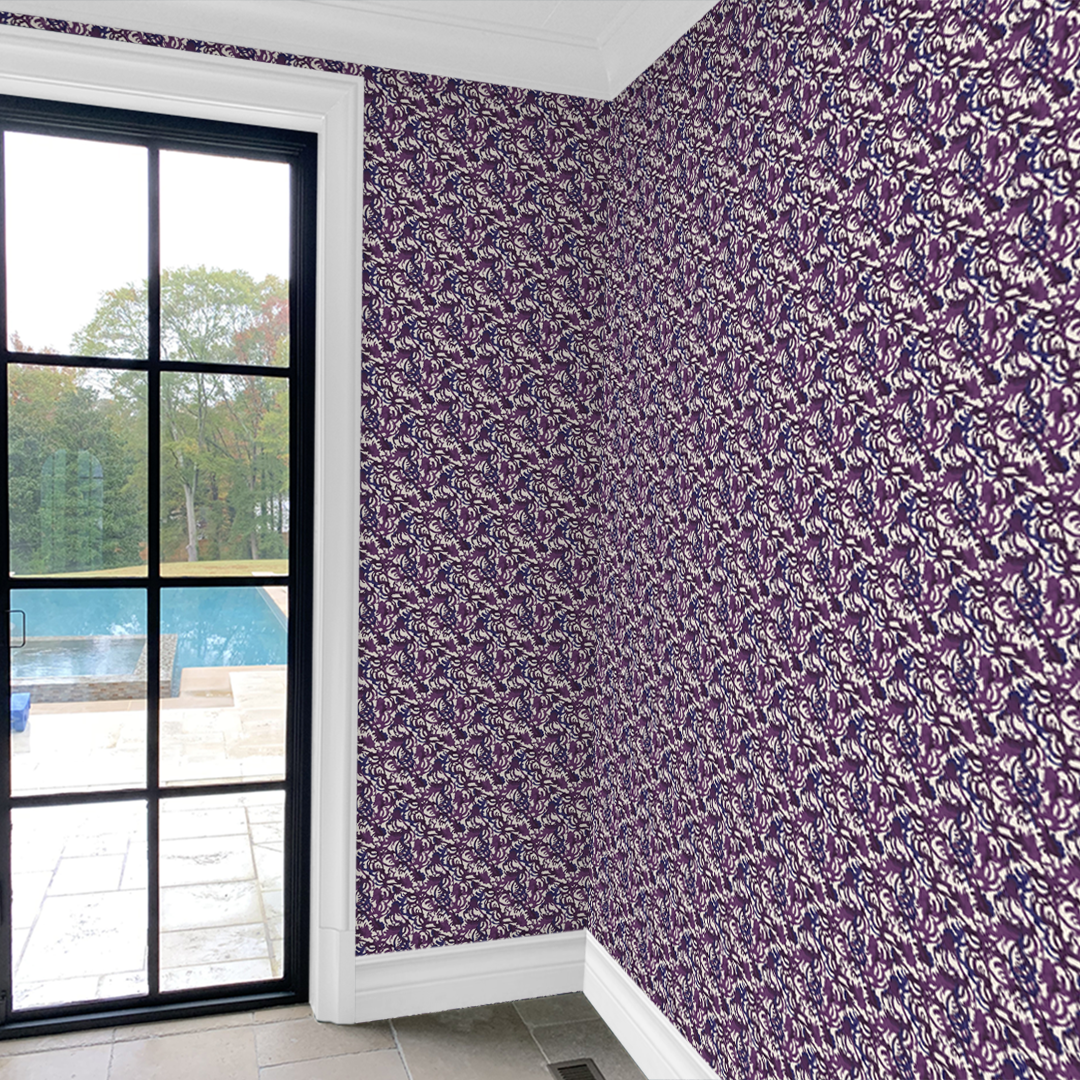 Flourish wallpaper in violet — a bespoke artist-designed vinyl pattern by Nashville artist Angela Simeone