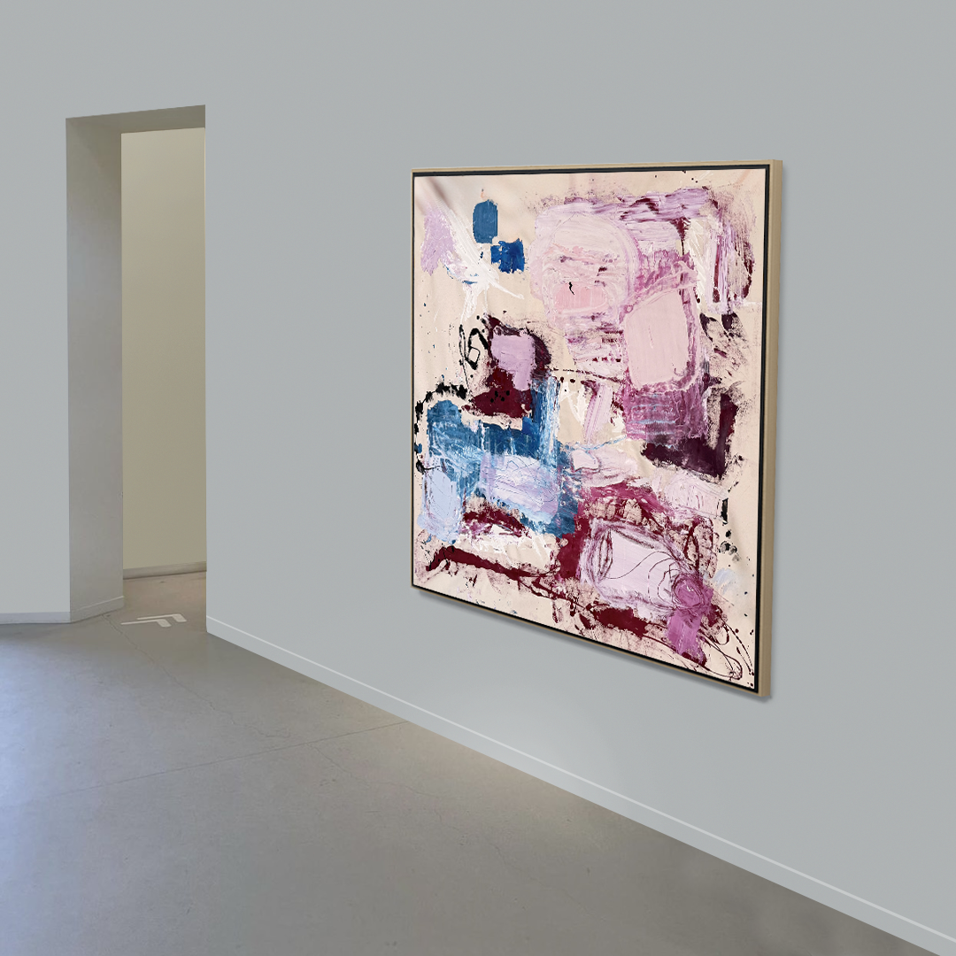 A large original abstract painting by Nashville artist Angela Simeone installed on a wall beside a tall doorway