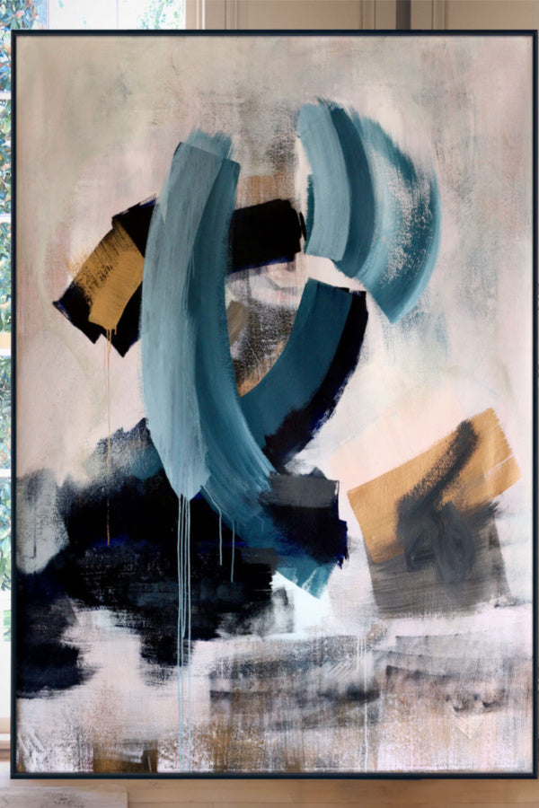Emerald, navy, bronze and light pink original abstract canvas painting by Nashville artist Angela Simeone, chosen on attraction rather than to match a room.