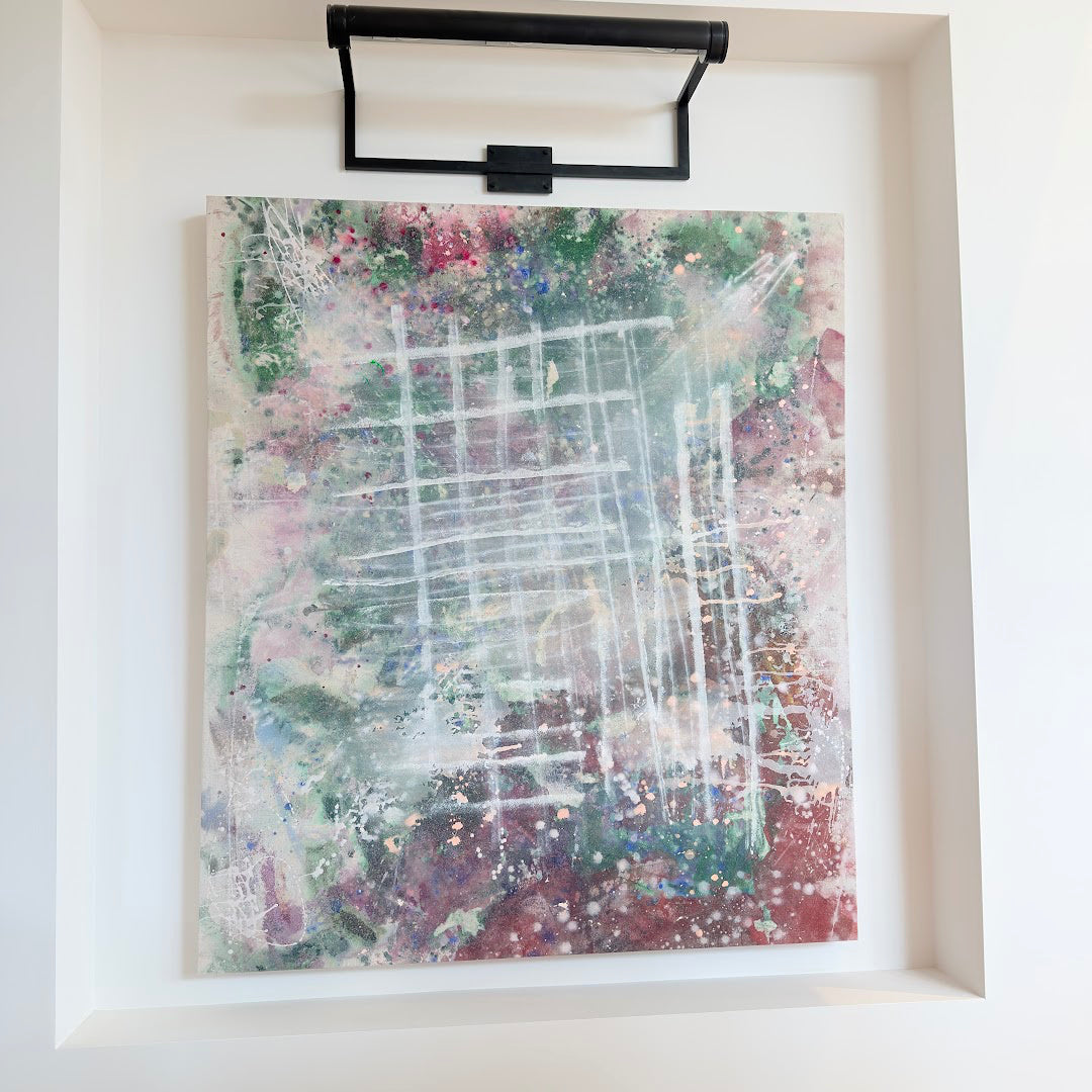 Deep Burgundy Forest Green White Abstract Painting by Angela Simeone, the kind of original commissioned for hospitality and commercial installs