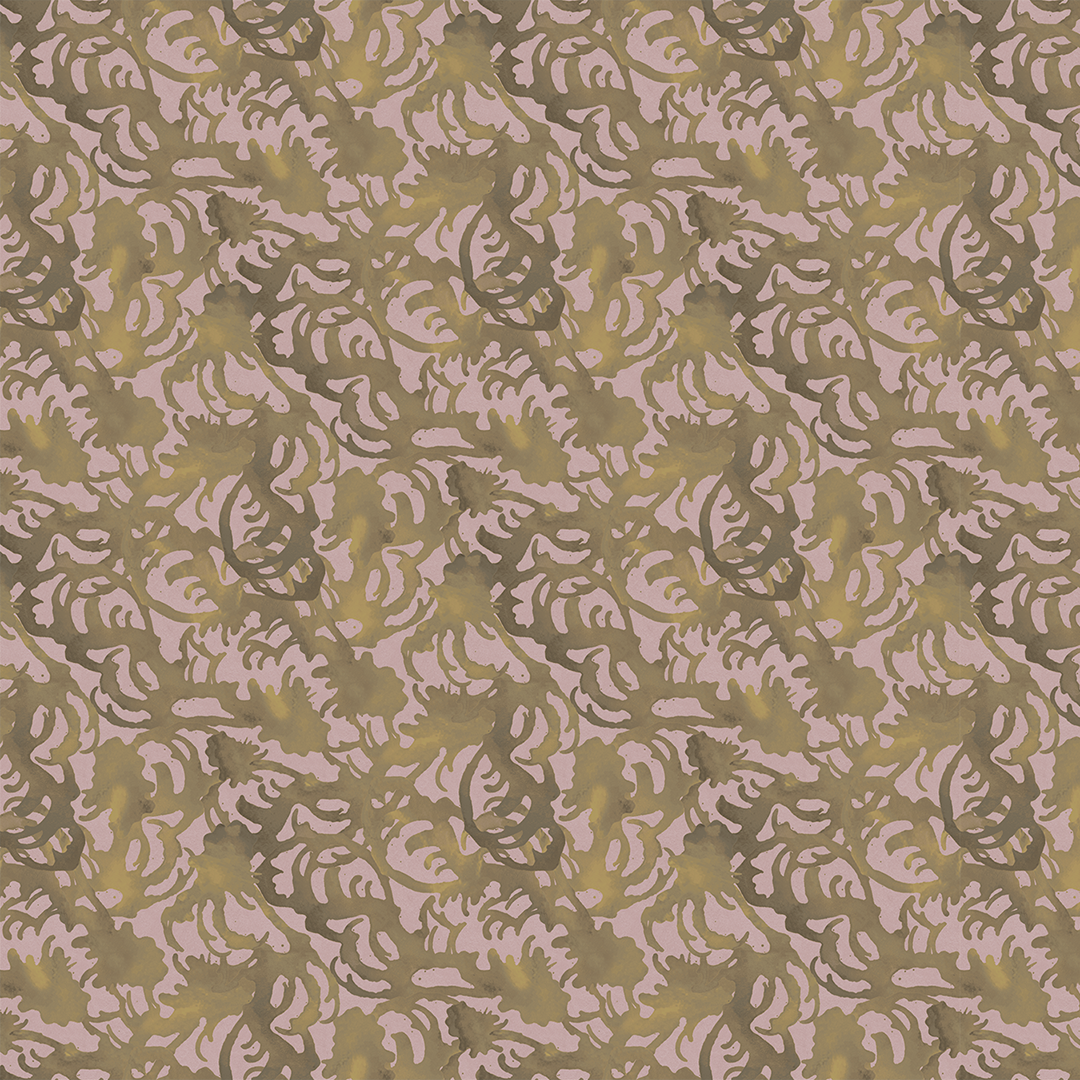 Painterly artist-designed wallcovering in artichoke and lilac by Nashville artist Angela Simeone, a pattern drawn from an original painting