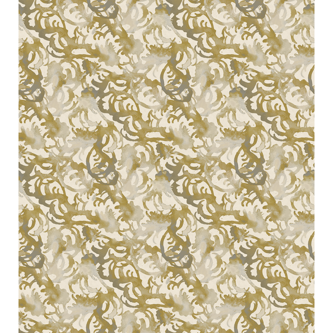Flourish small-scale marigold and grey wallpaper by Angela Simeone, an original painting set into repeat