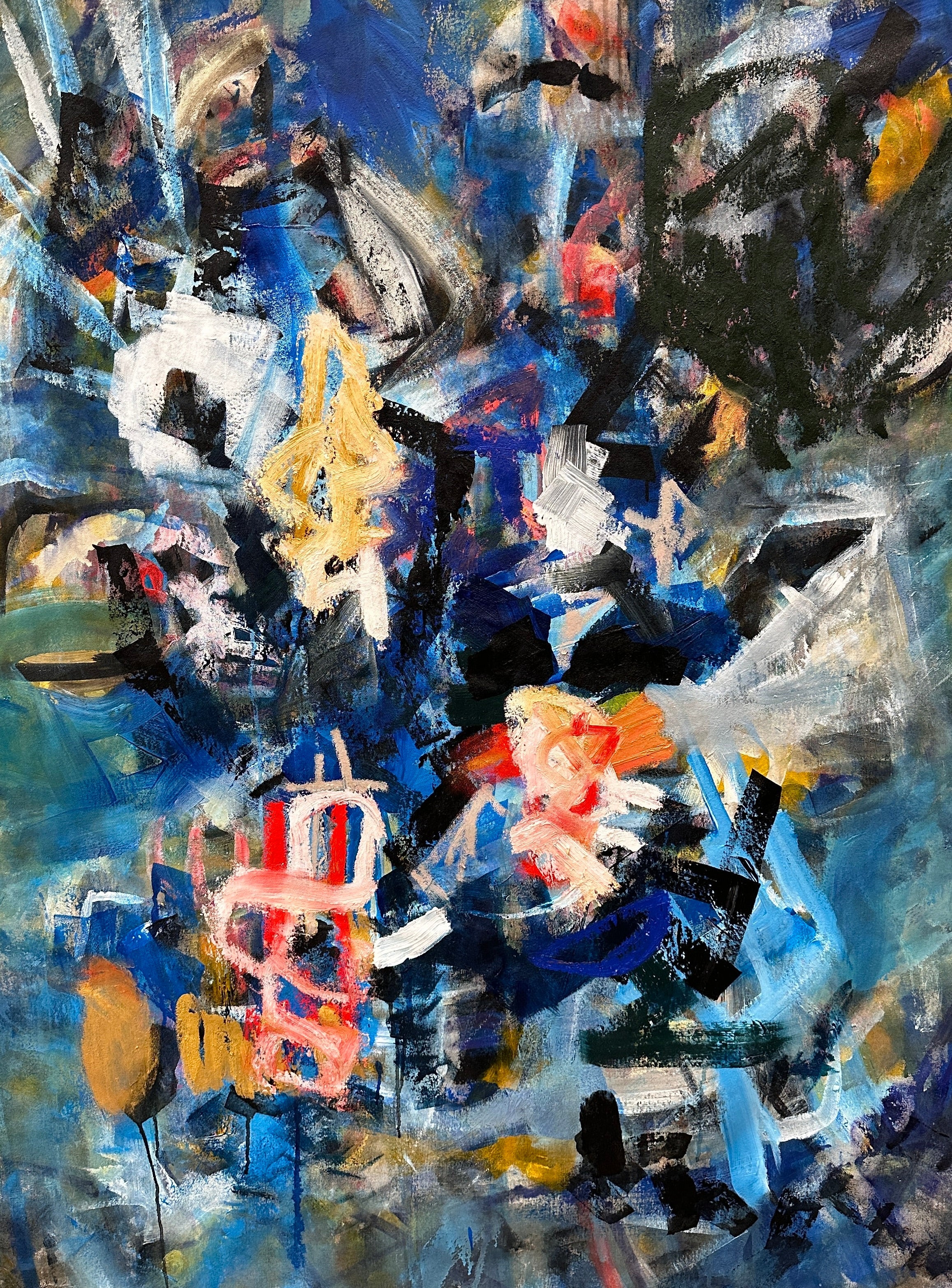 Navy, cyan, red, and gold original abstract painting by Nashville artist Angela Simeone, close detail