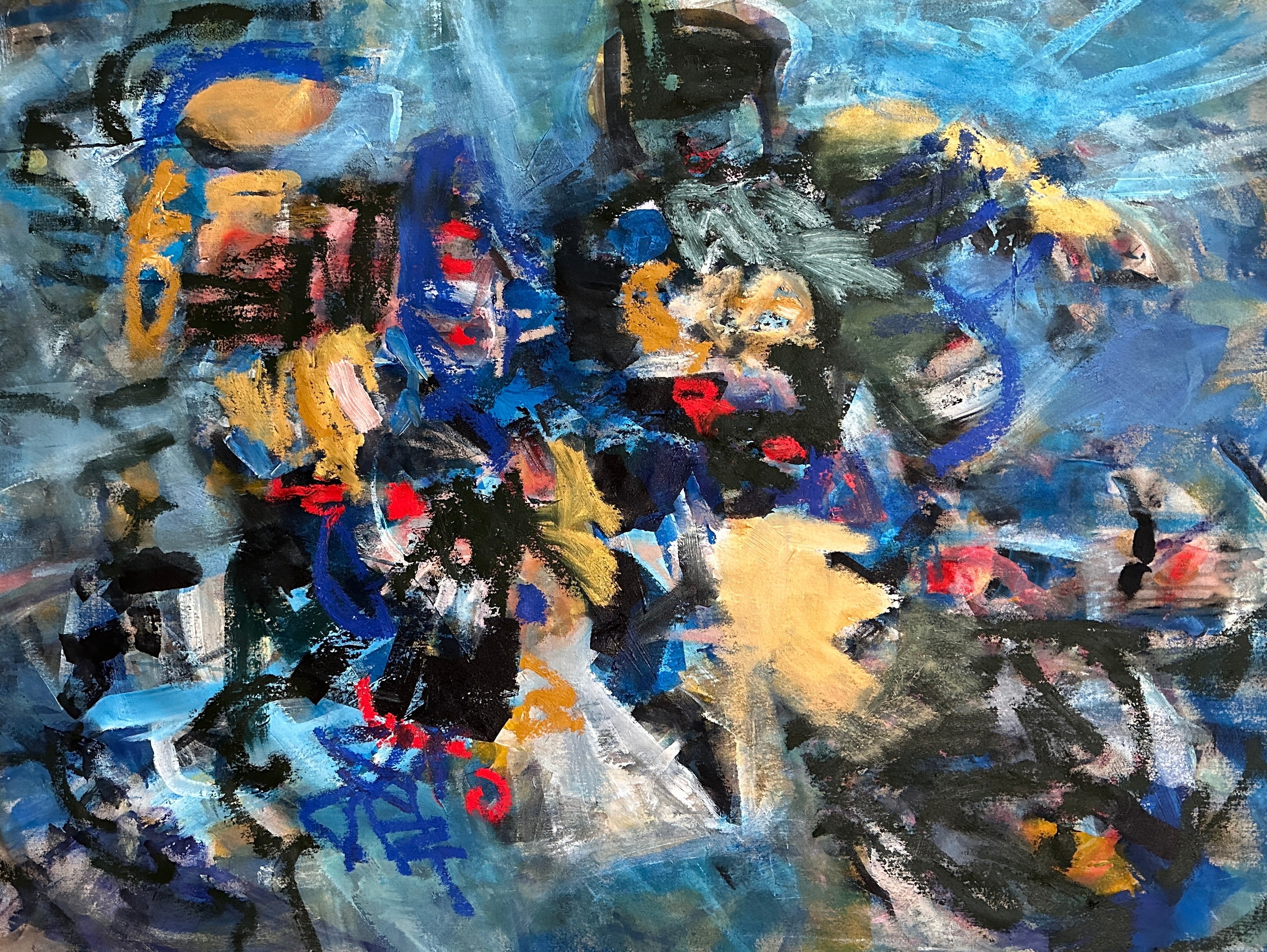 Navy, cyan, red, and gold original abstract painting by Nashville artist Angela Simeone showing layered brushwork