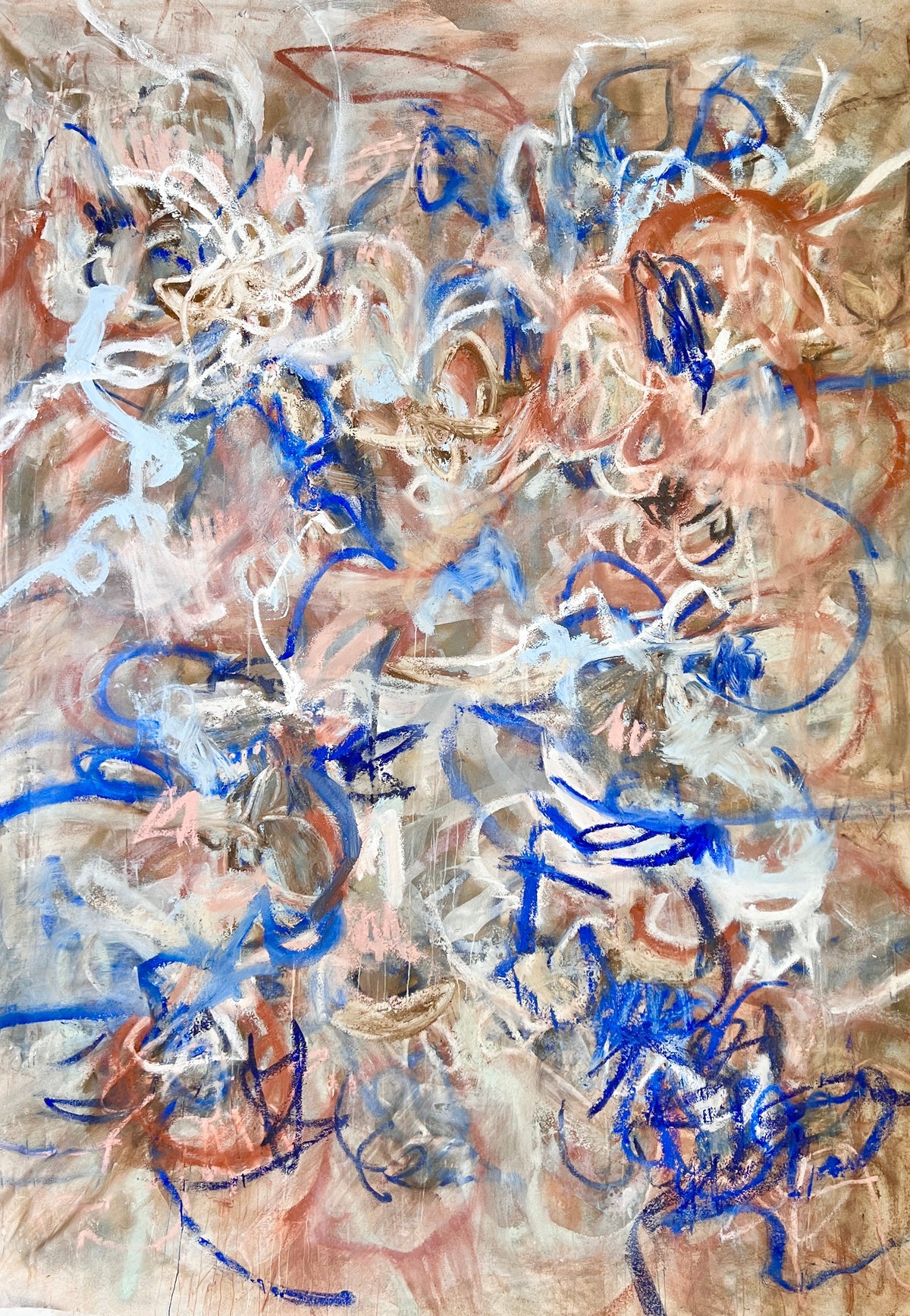 An original abstract painting in cobalt, light blue, rust and peach by Nashville artist Angela Simeone, from a post on commissioning a painting directly from the artist.
