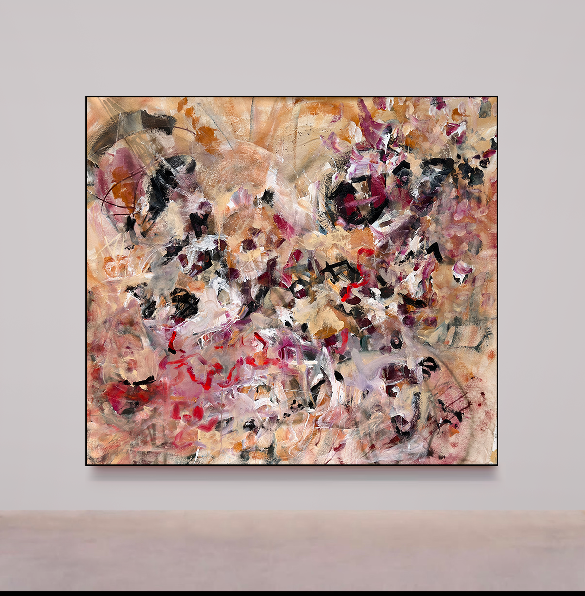A large framed original abstract painting hanging alone on a pale gallery wall, by Nashville artist Angela Simeone.