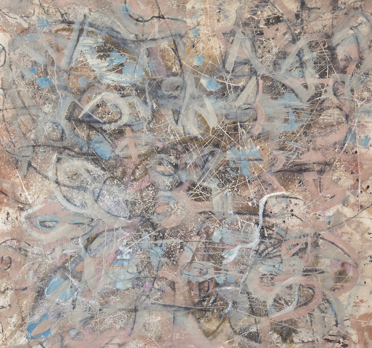 Gestural charcoal, brown, blush and light blue original abstract painting by Nashville artist Angela Simeone, priced to be lived with rather than flipped.