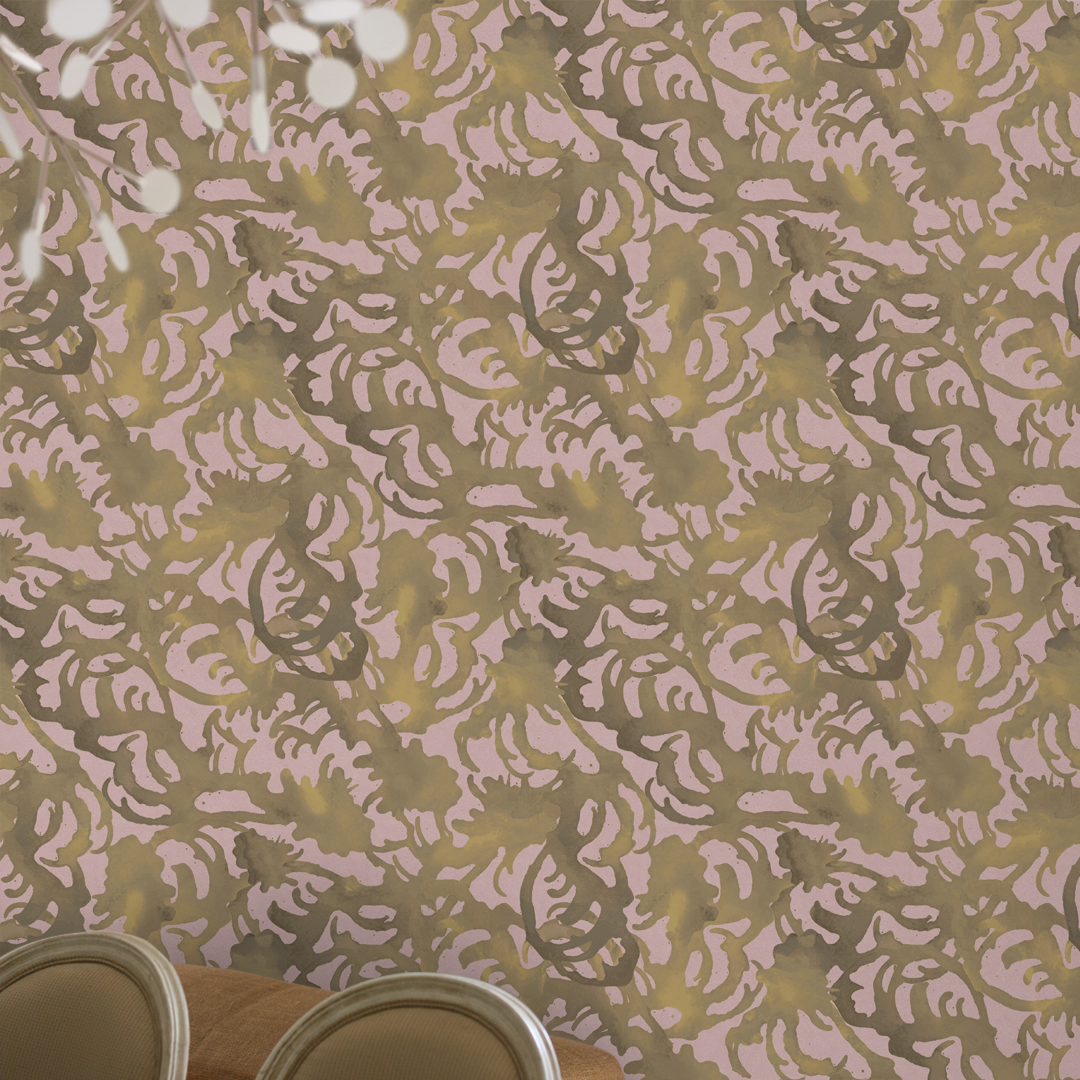 Flourish Artichoke and Lilac artist-designed wallpaper on a dining room wall behind a brown linen chair, drawn from an original painting by Nashville artist Angela Simeone, from a post on what designer wallpaper pricing actually buys.