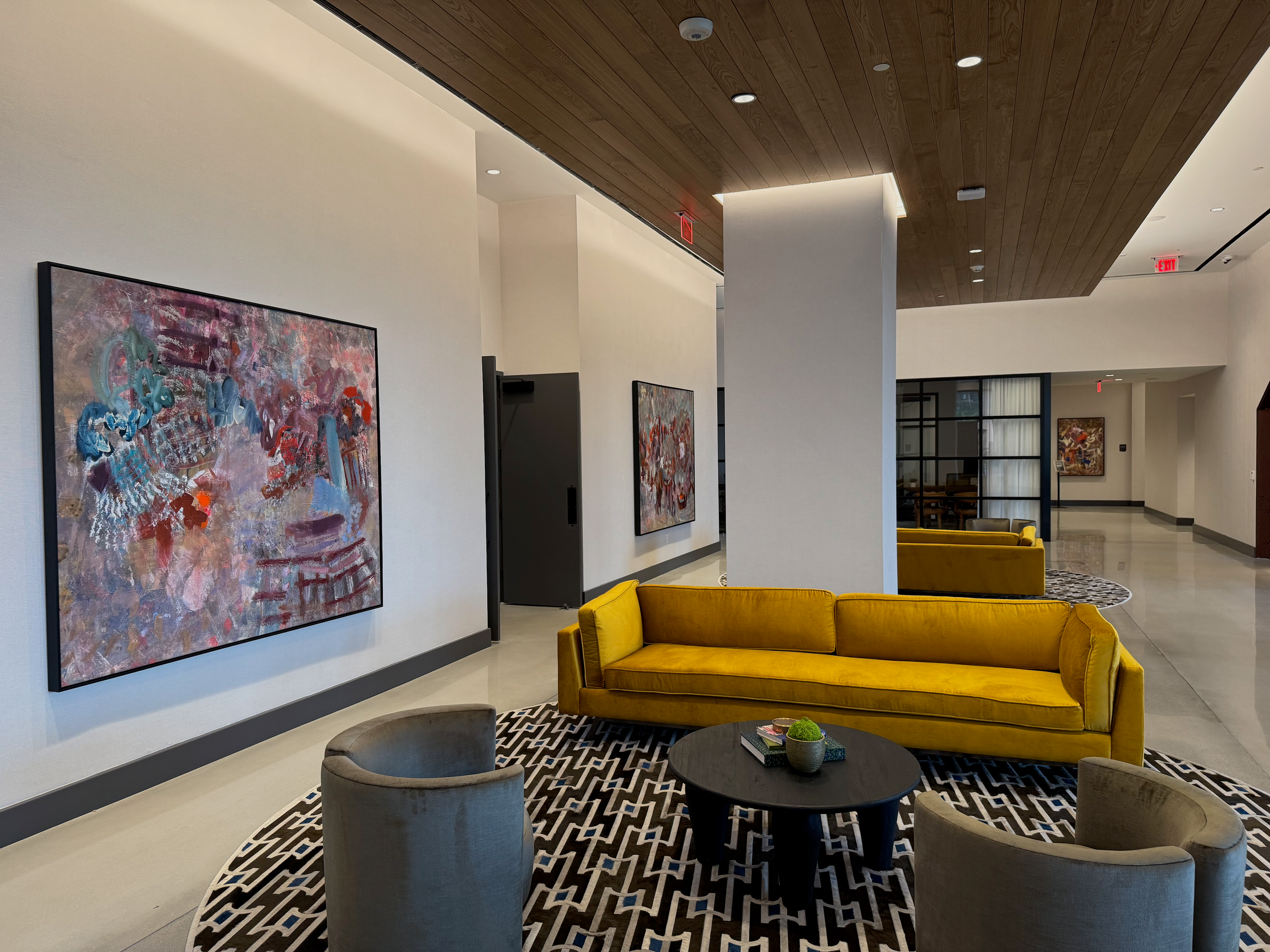 Large-scale original abstract painting by Angela Simeone installed in the Peabody Union lobby, Nashville