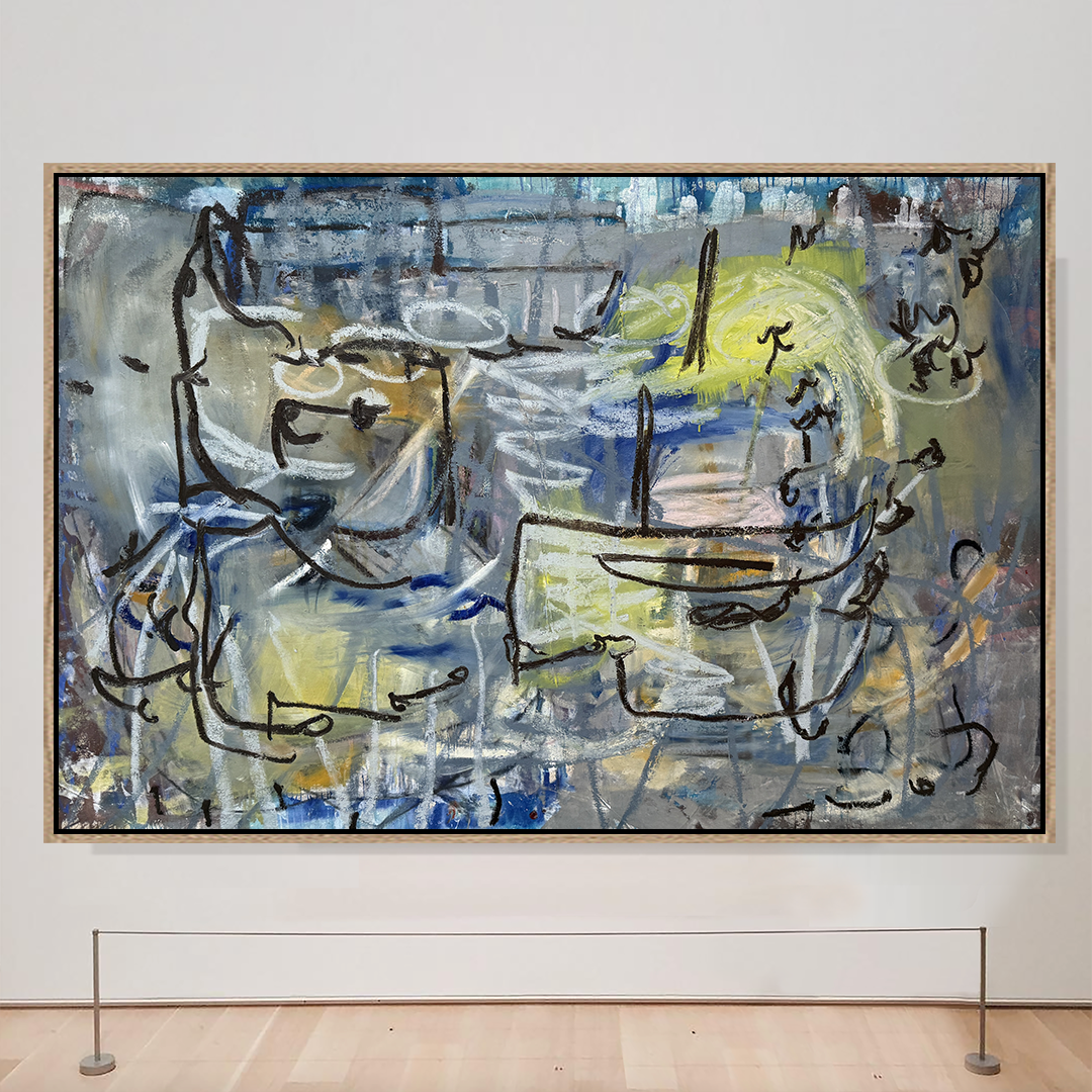 Navy Grey Yellow Glow original abstract painting by Angela Simeone, sized for a lobby or great room wall