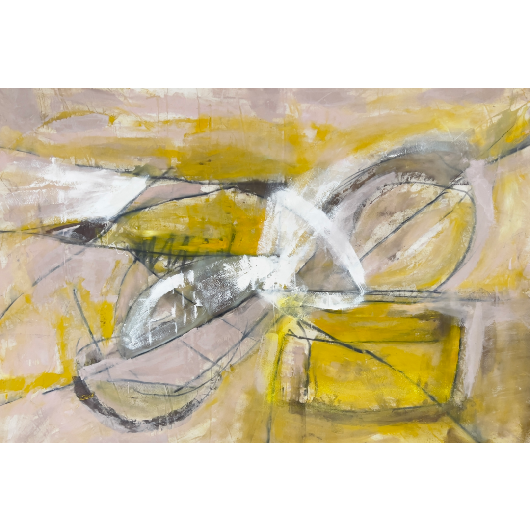 An original abstract painting in light tan, yellow and citron on canvas by Nashville artist Angela Simeone