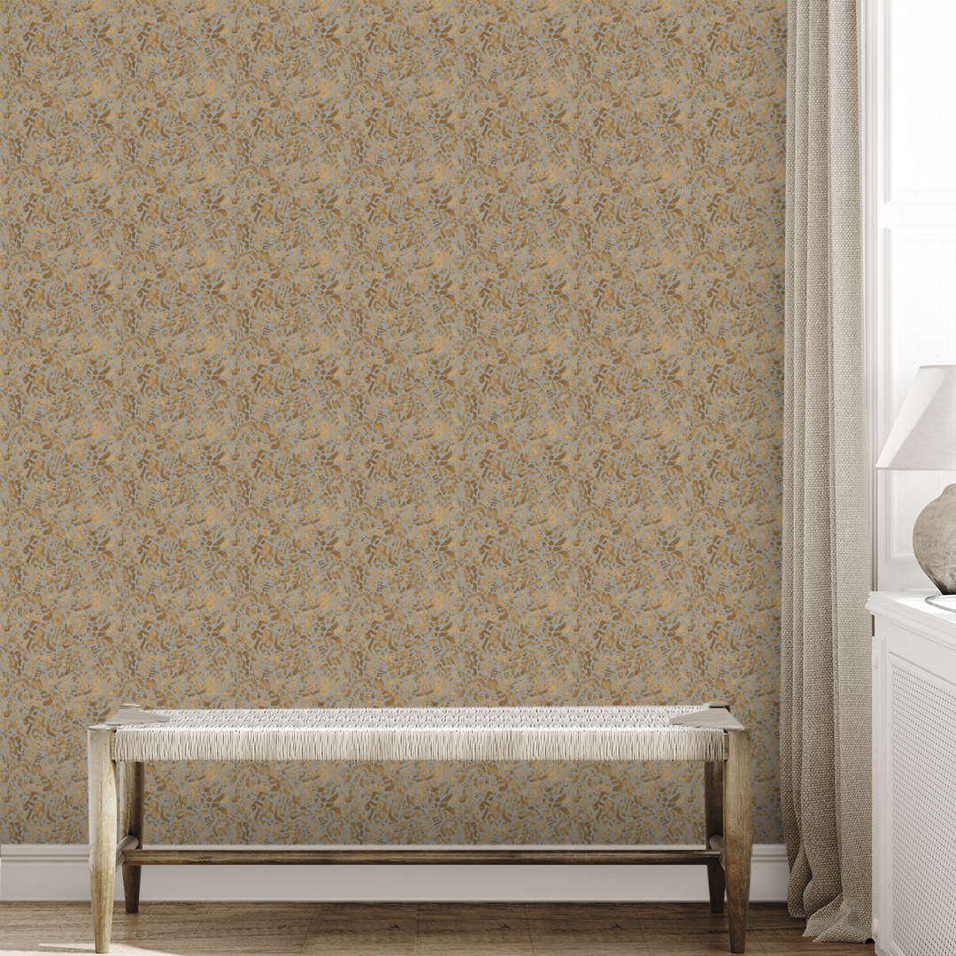 Atelier Golden Sky Medium artist-designed wallpaper by Nashville painter Angela Simeone, installed across an interior wall, printed from an original painting.