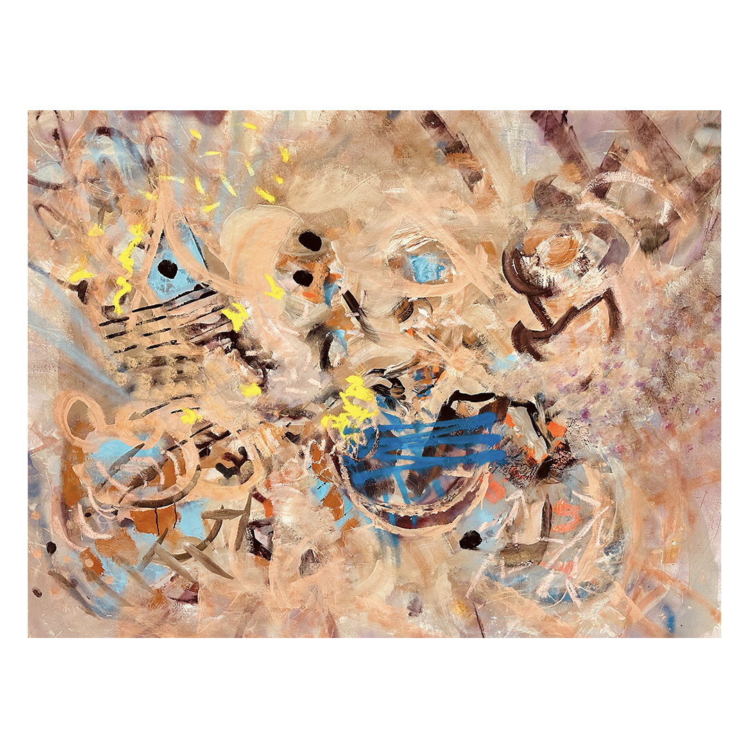Peach Rust Brown Yellow Blue original abstract oil painting by Nashville artist Angela Simeone, $7,800 — an original you can buy safely directly from the studio