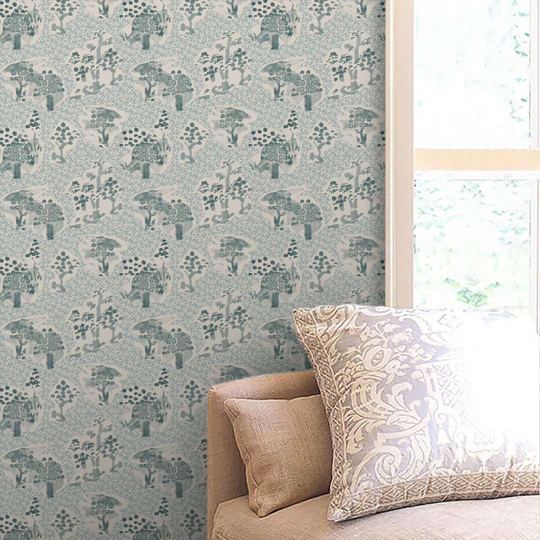 Toile Medium Sky Blue artist-designed wallpaper by Nashville artist Angela Simeone, shown in a room setting.