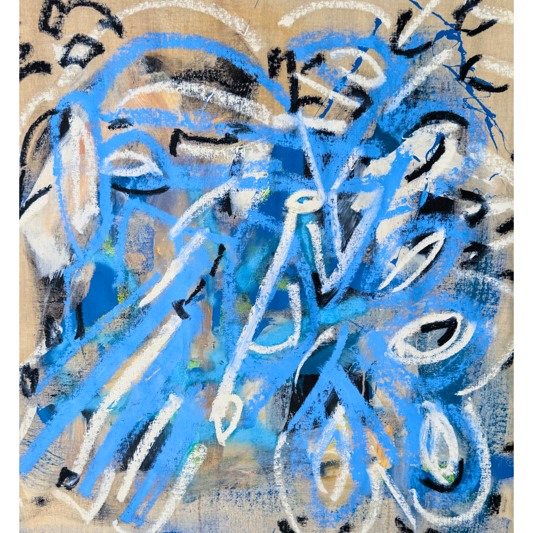 Vibrant Cornflower Blue White Black Painting Linen Canvas