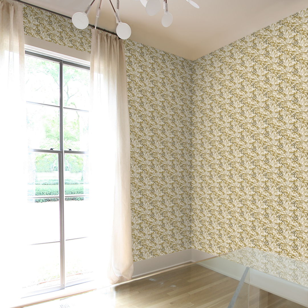Flourish Small scale Marigold Grey Ivory Wallpaper