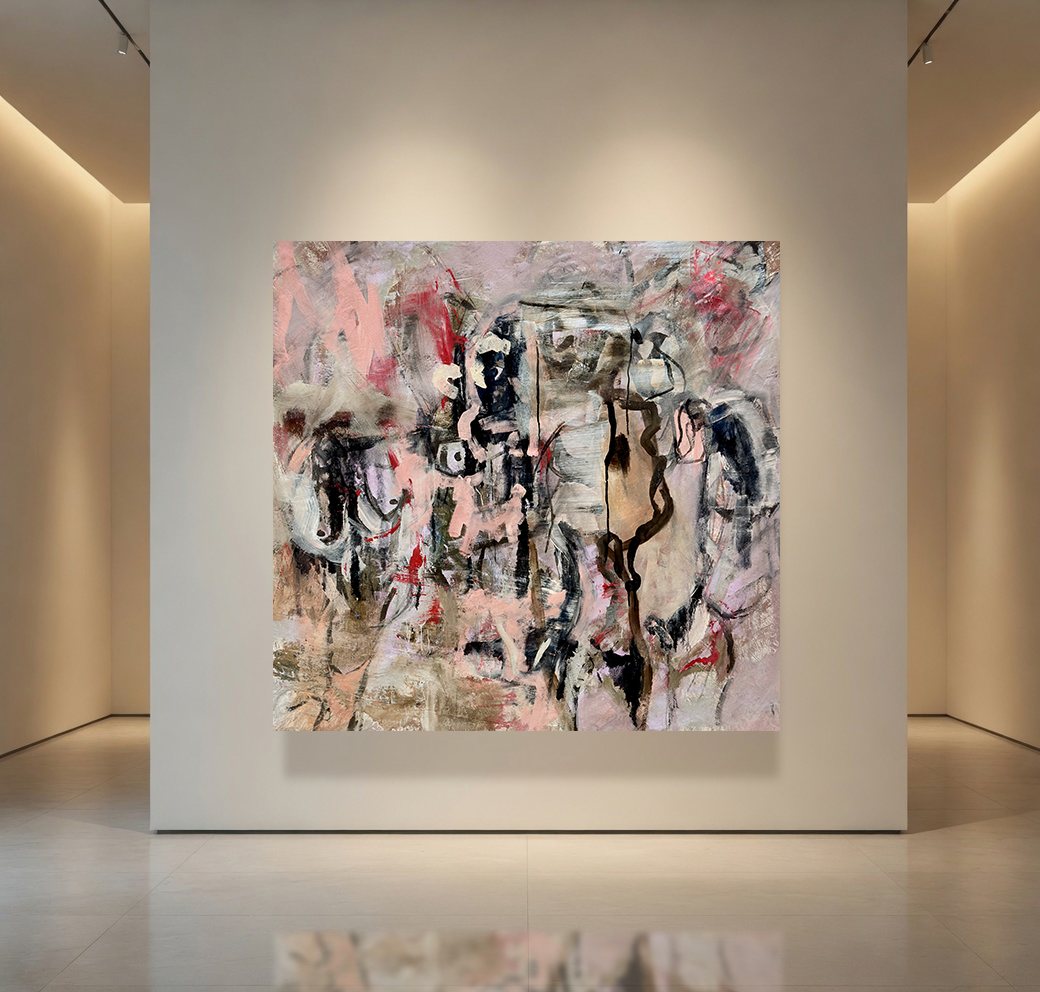 Peach Lilac Black Abstract Painting