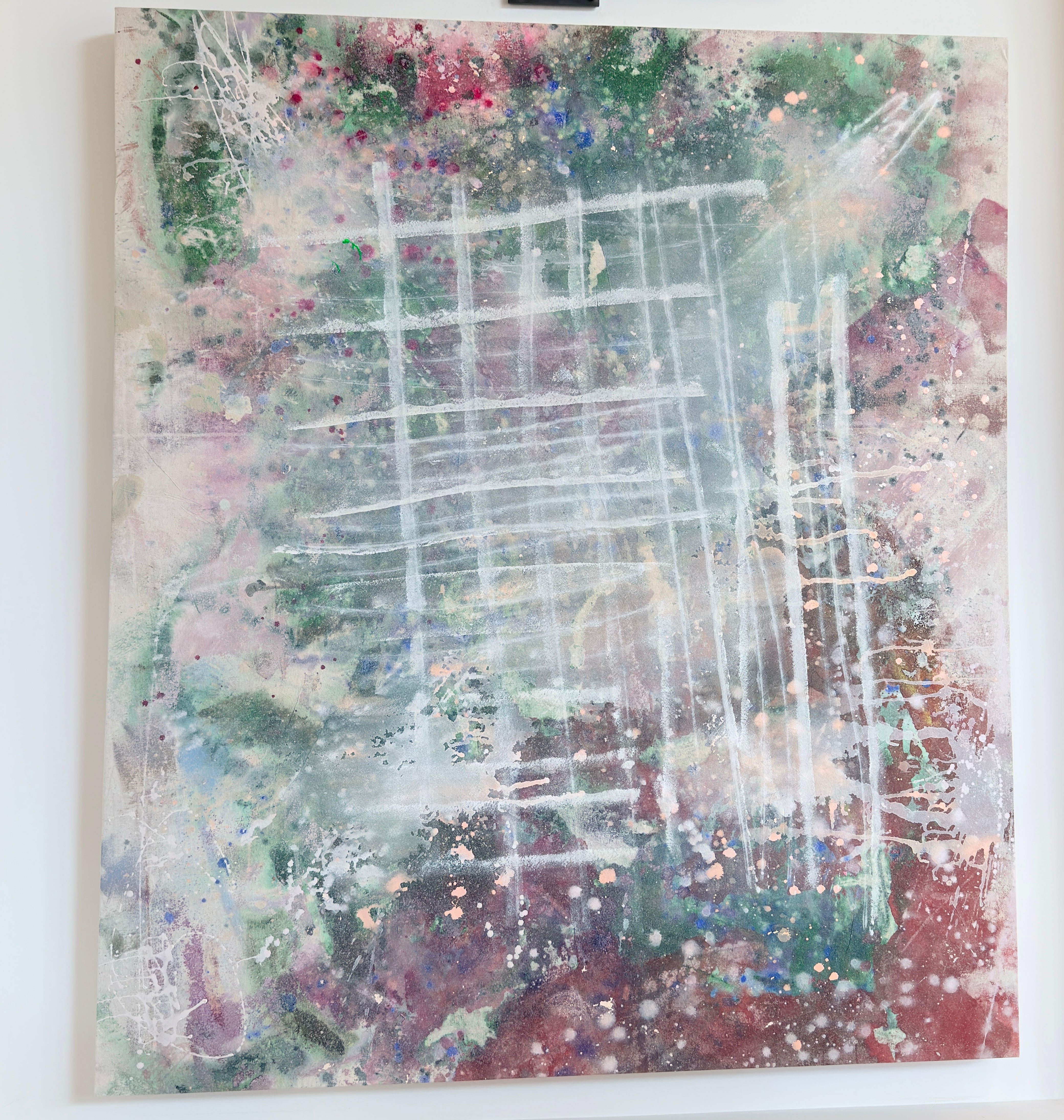 Deep Burgundy Forest Green White Abstract Painting.