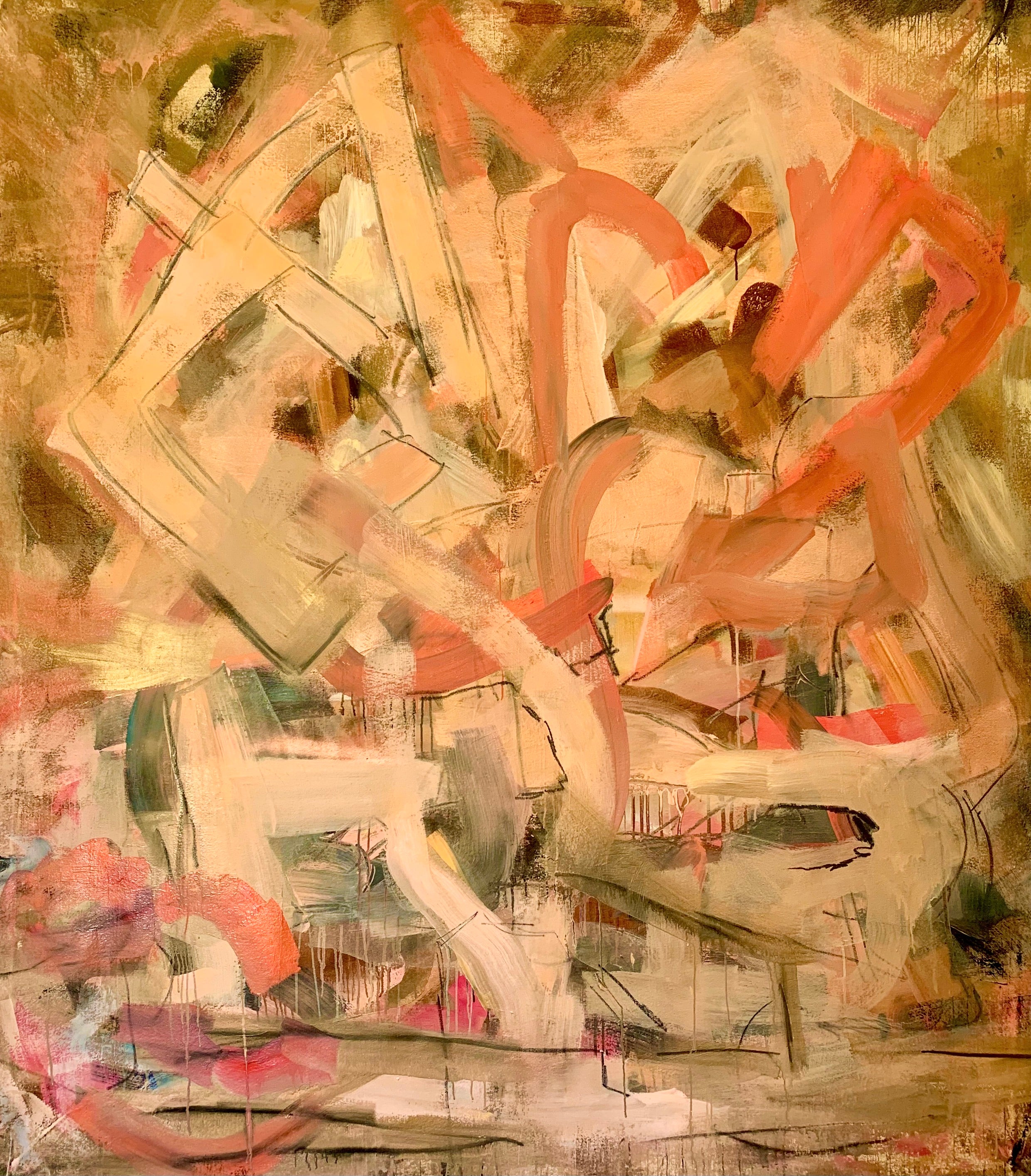 Light Tan Light Pink Papaya Canvas Painting by Nashville artist Angela Simeone — original abstract art.