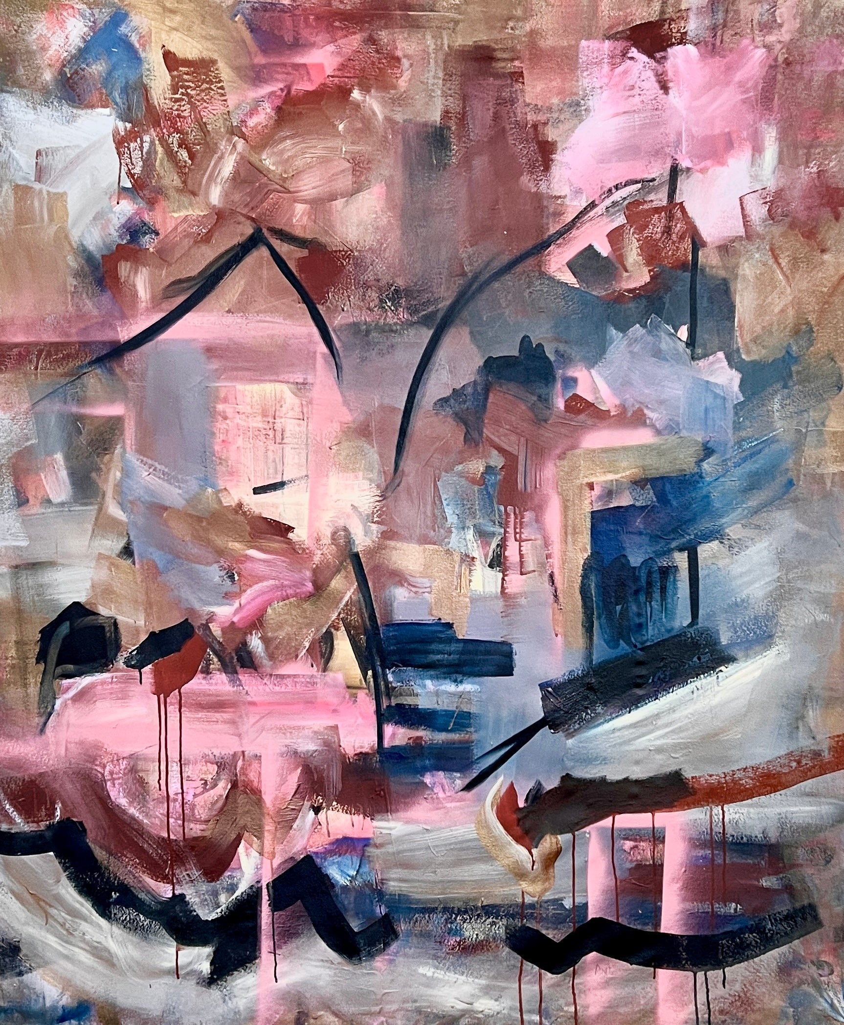 Pink Navy Aubergine Sky Painting by Nashville artist Angela Simeone — original abstract art.