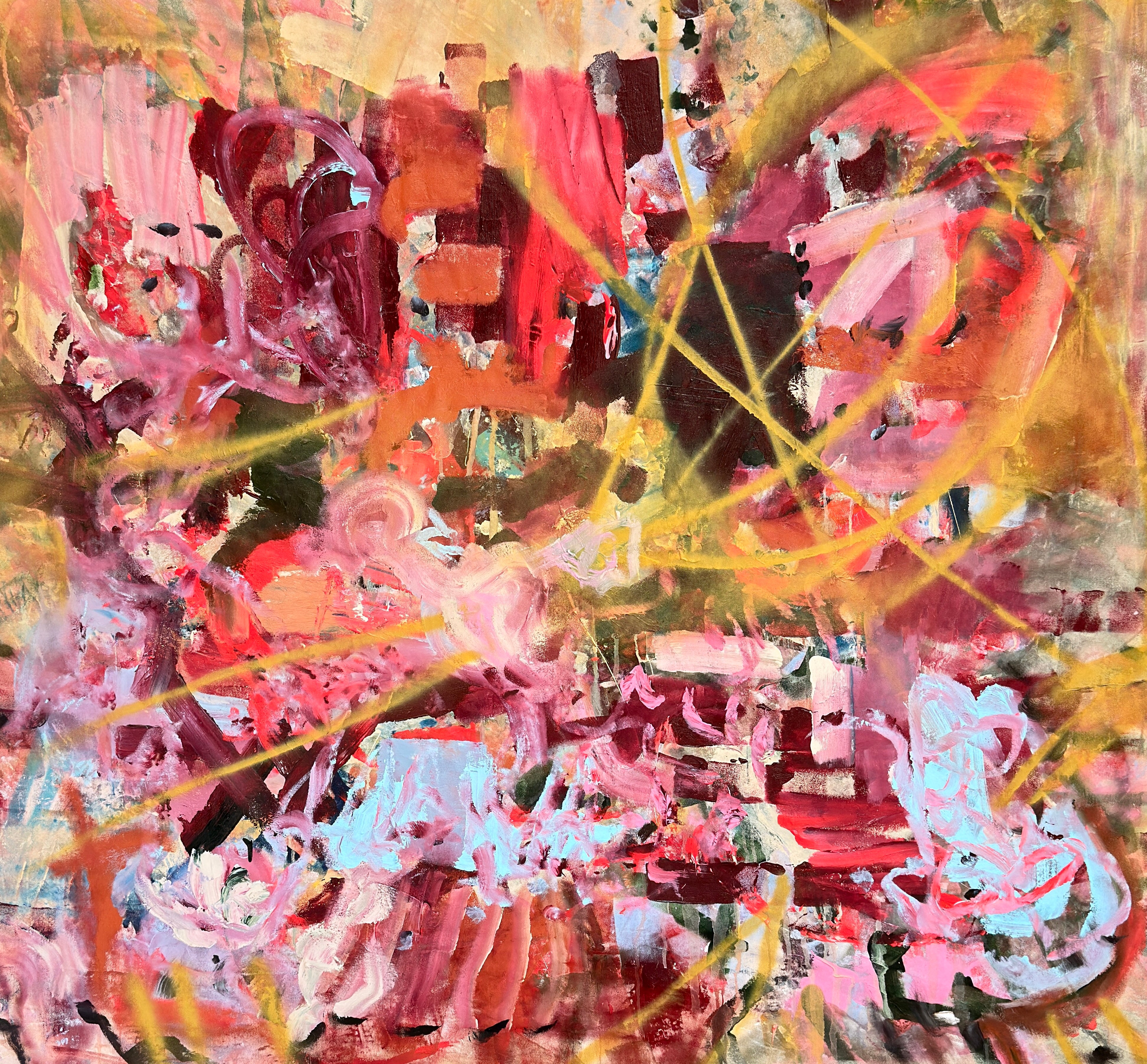 Chartreuse Yellow Garnet Claret Pink Abstract Painting
