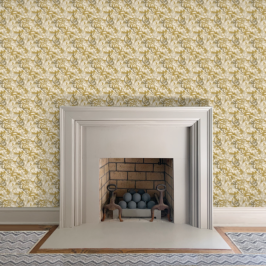 Flourish Small scale Marigold Grey Ivory Wallpaper