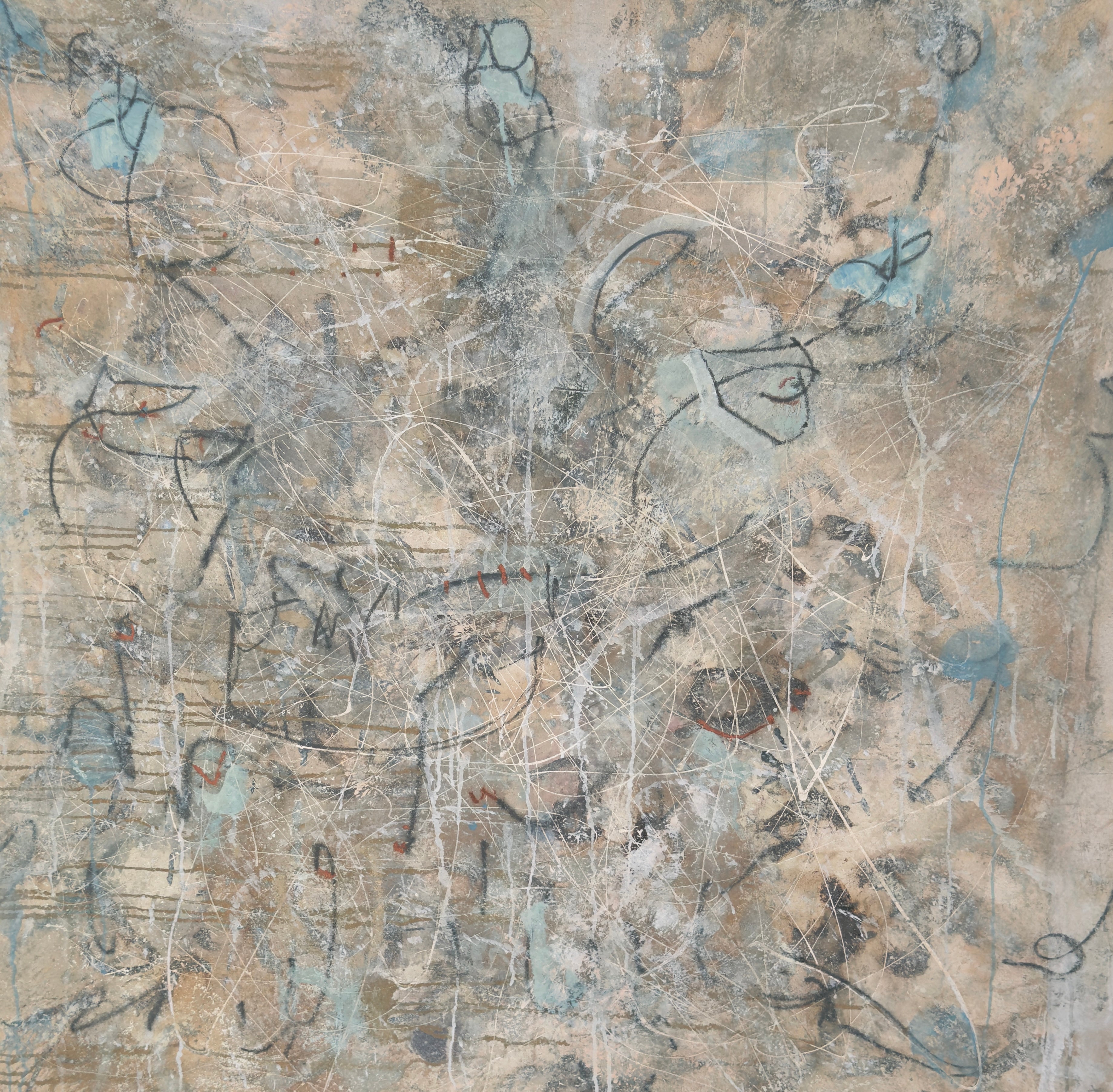 Gestural Charcoal Grey White Light Blue  Painting