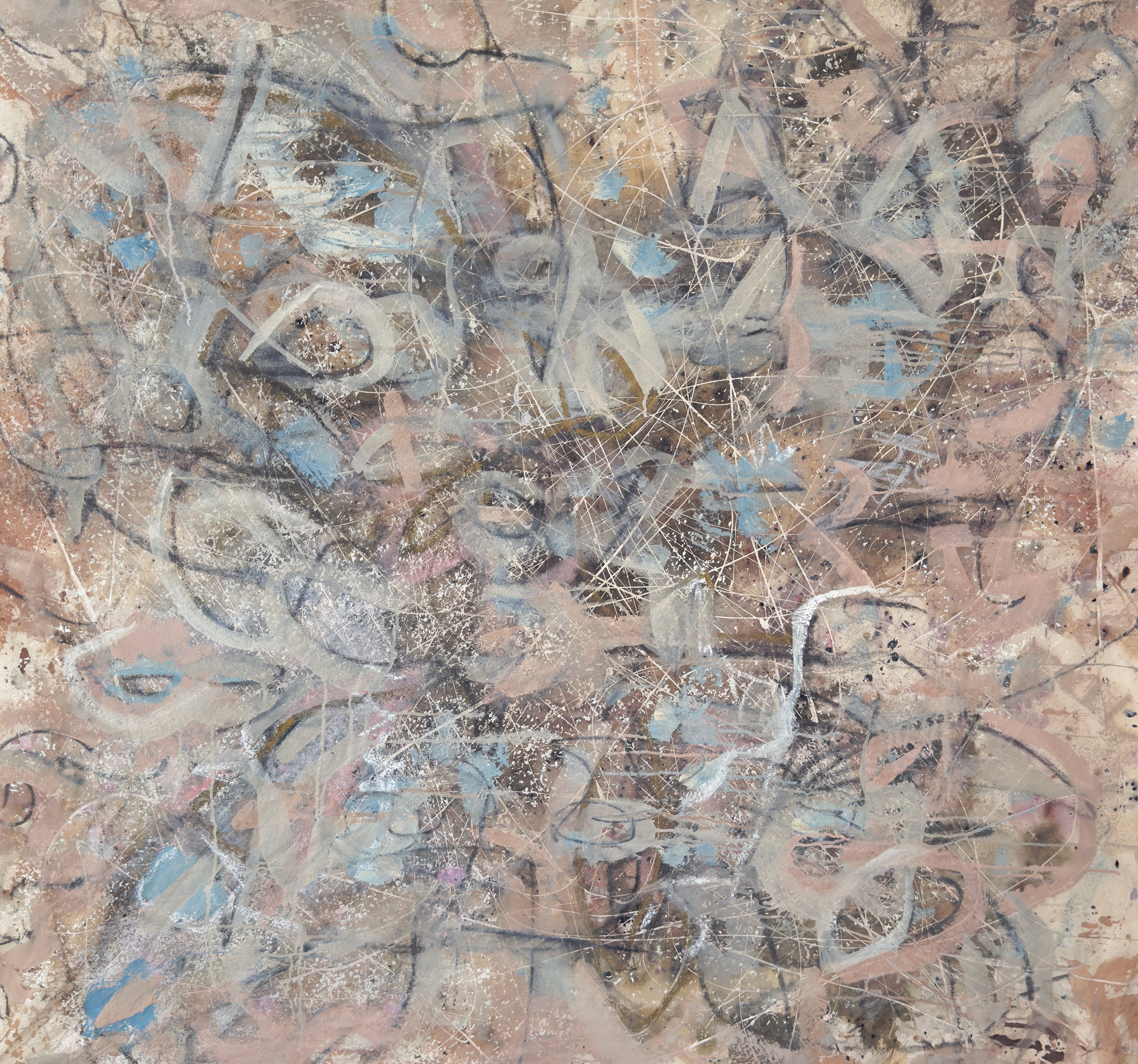 Gestural Charcoal Brown Blush White Light Blue Painting