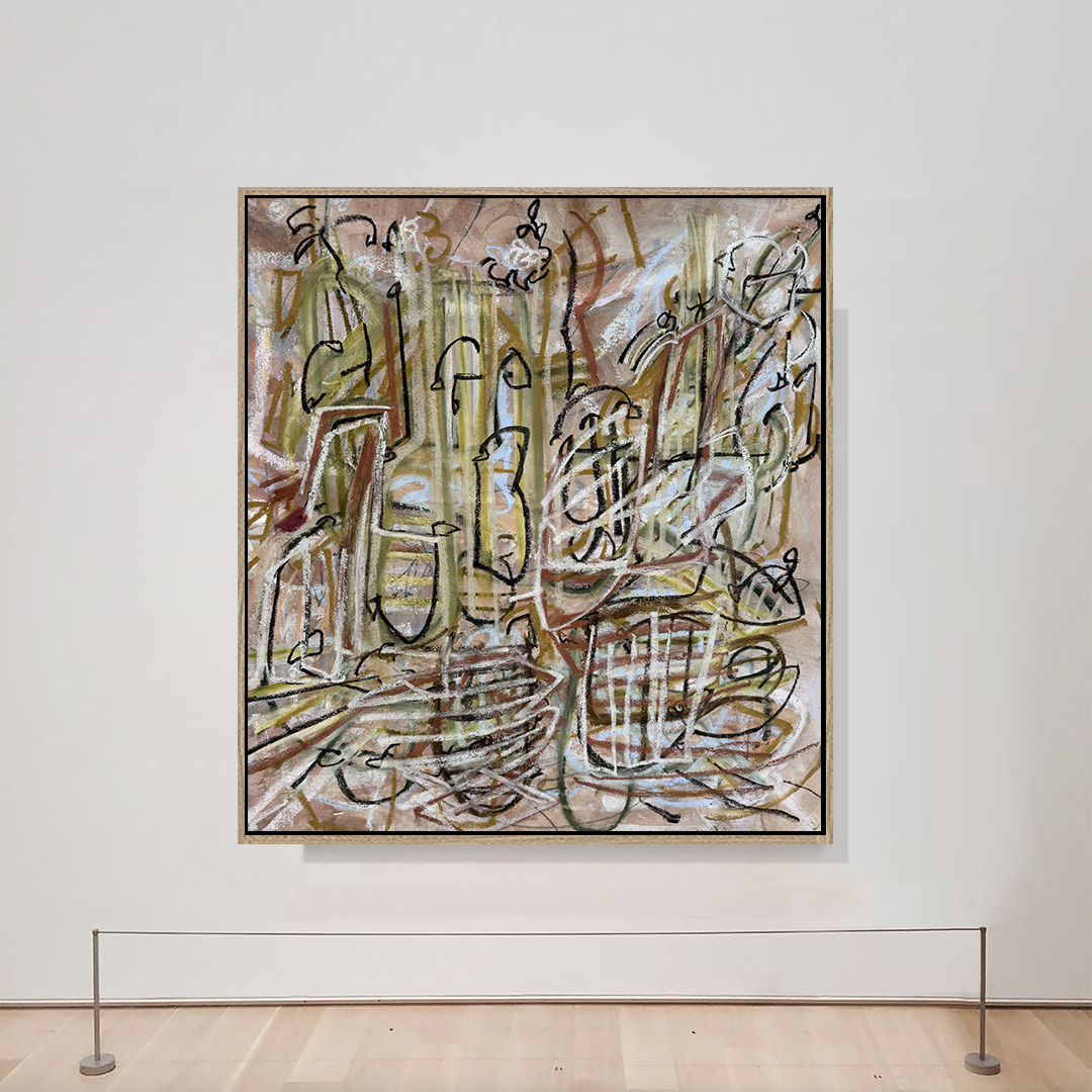 Avocado Green and Copper Line work oil painting