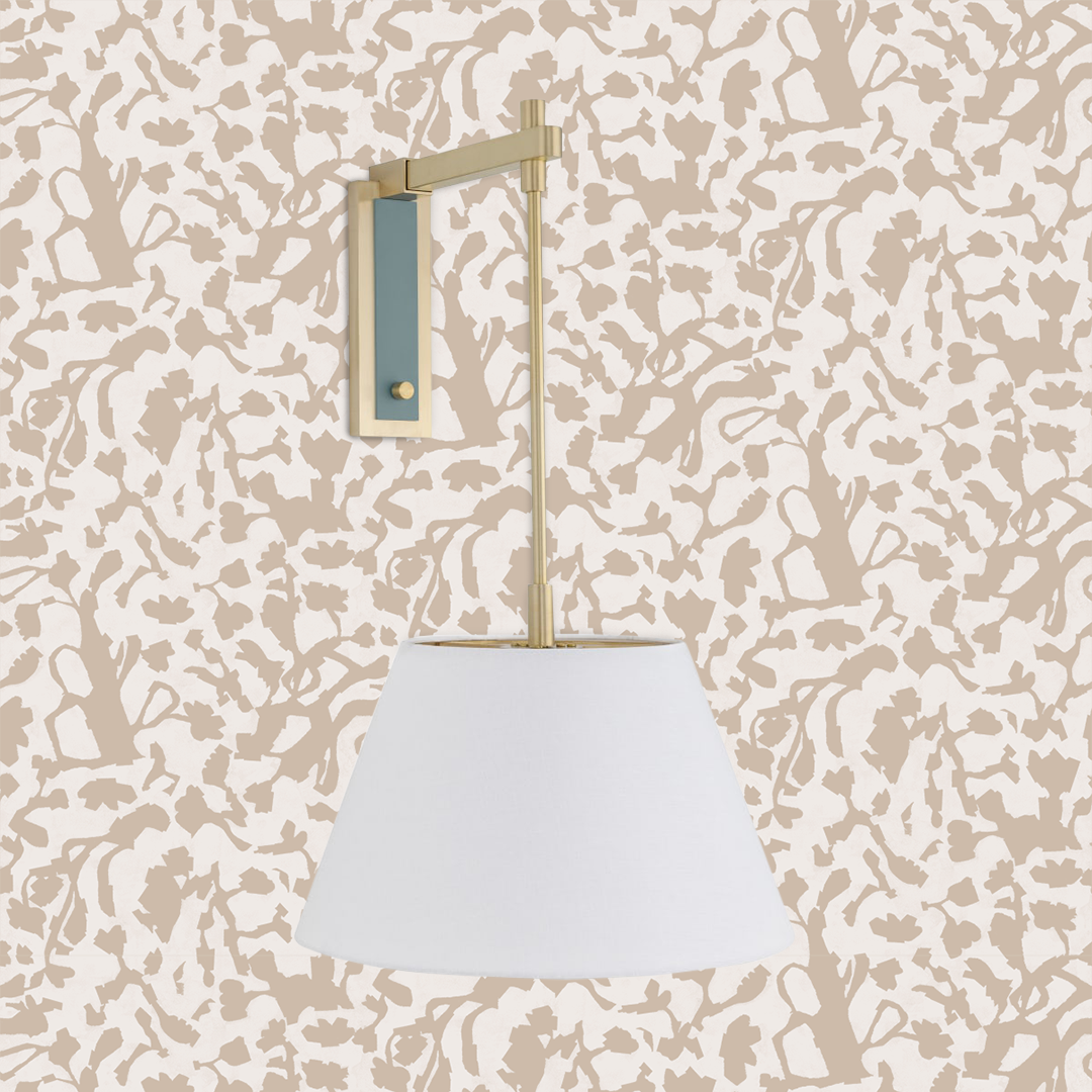 FLoral Fauna winter white wallpaper vinyl wallpaper block print wallpaper luxury wallpaper interiors interior design interior designer luxury wallpaper nashville artist Angela Simeone chiltern sconce urban electric